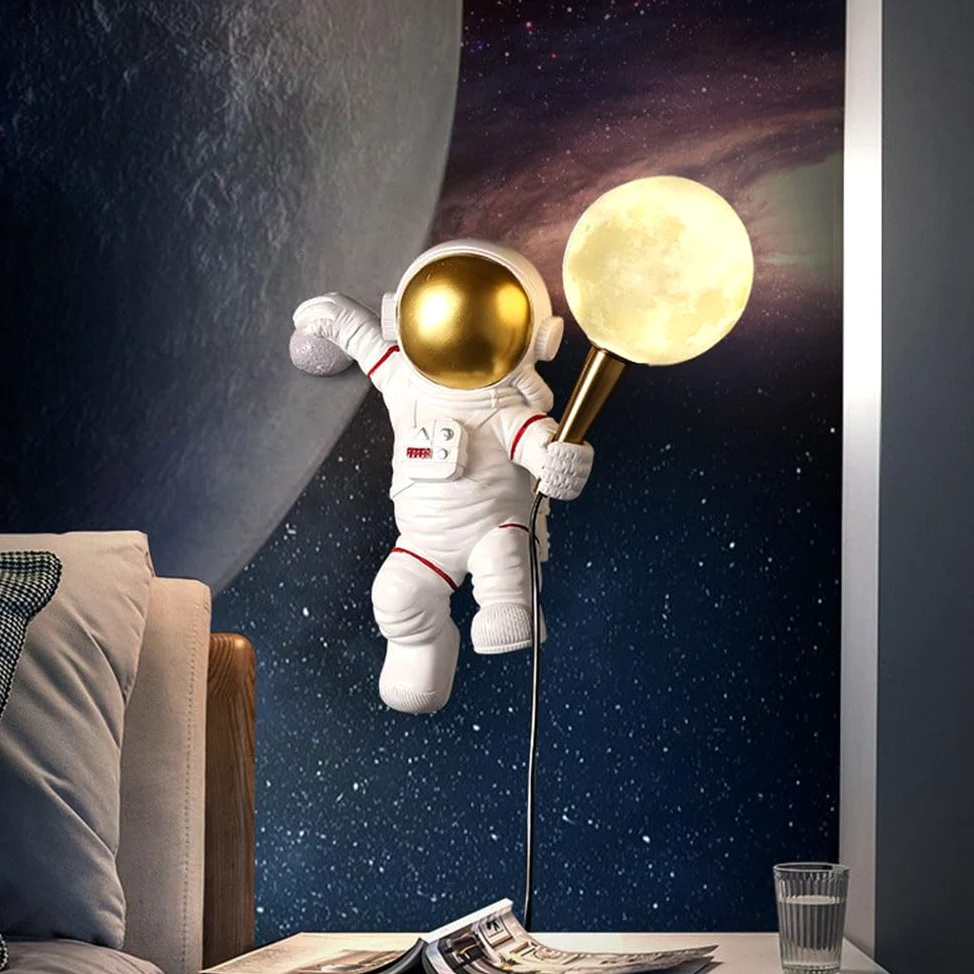 AoLa Lampa ścienna Księżyc Astronautyczna lampa ścienna do pokoju dziecięcego z przełącznikiem wewnątrz z wtyczką i kablem dziecięca lampka nocna Astronauta z nadrukiem 3D Lampka nocna do pokoju