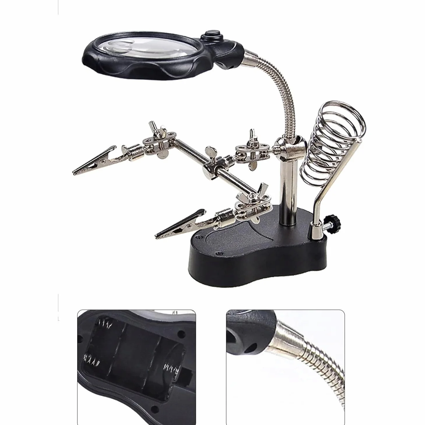 Trzecia ręka z lupą TE-801 - Powiększenie 3,5x/12x, LED x2 | Podstawa 10 x 6 cm, wysokość 26 cm, uchwyt na lutownicę, do lutowania, elektroniki, akcesoria warsztatowe