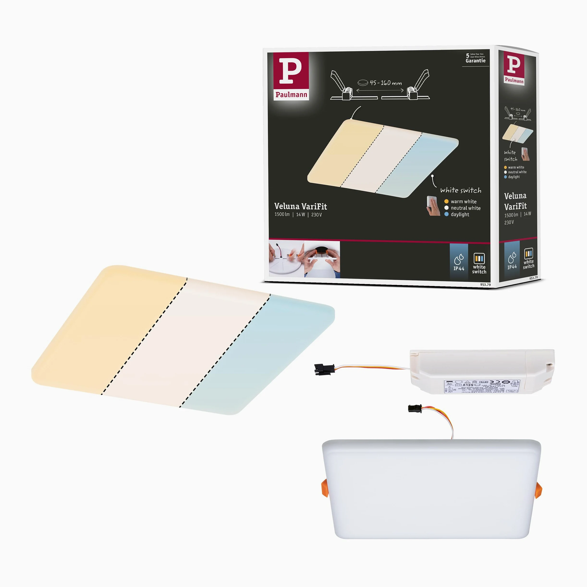 Paulmann 95379 panel LED, oprawa wpuszczana Veluna VariFit, IP44 White Switch 185x185mm czworok., w kompl. oprawa sufit.1x14 W przezr.tw.szt.3000 K
