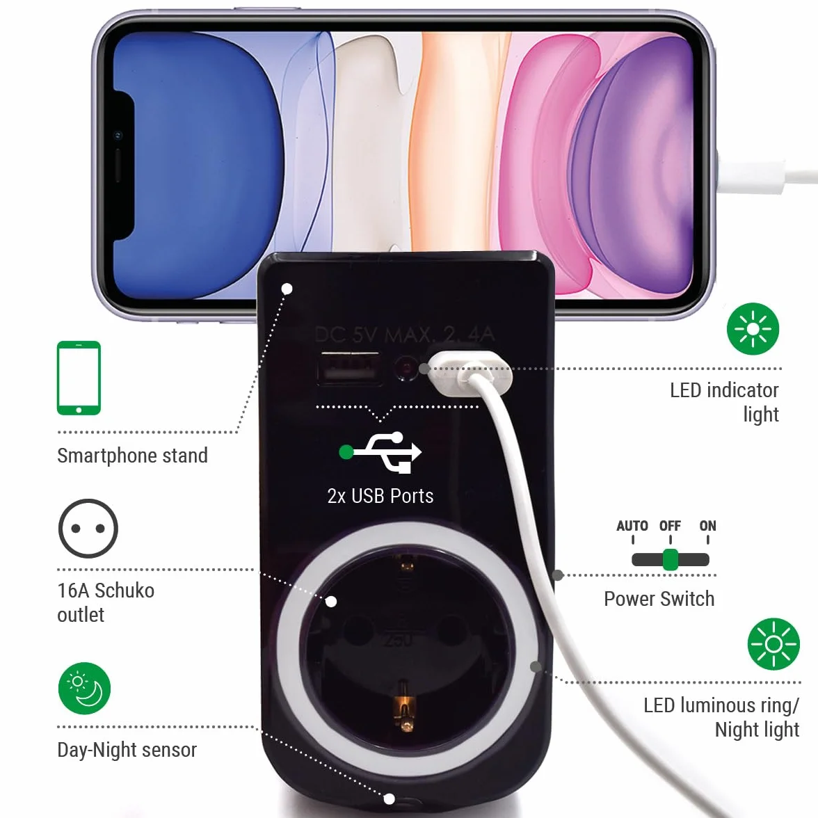 Podwójna wtyczka do gniazdka z USB, gniazdo wtykowe z 1 zestykiem ochronnym 16 A i 2 wtyczkami sieciowymi USB, adapter do laptopa/smartfona, multiplug do domu i biura, wskaźnik LED, czujnik dnia i