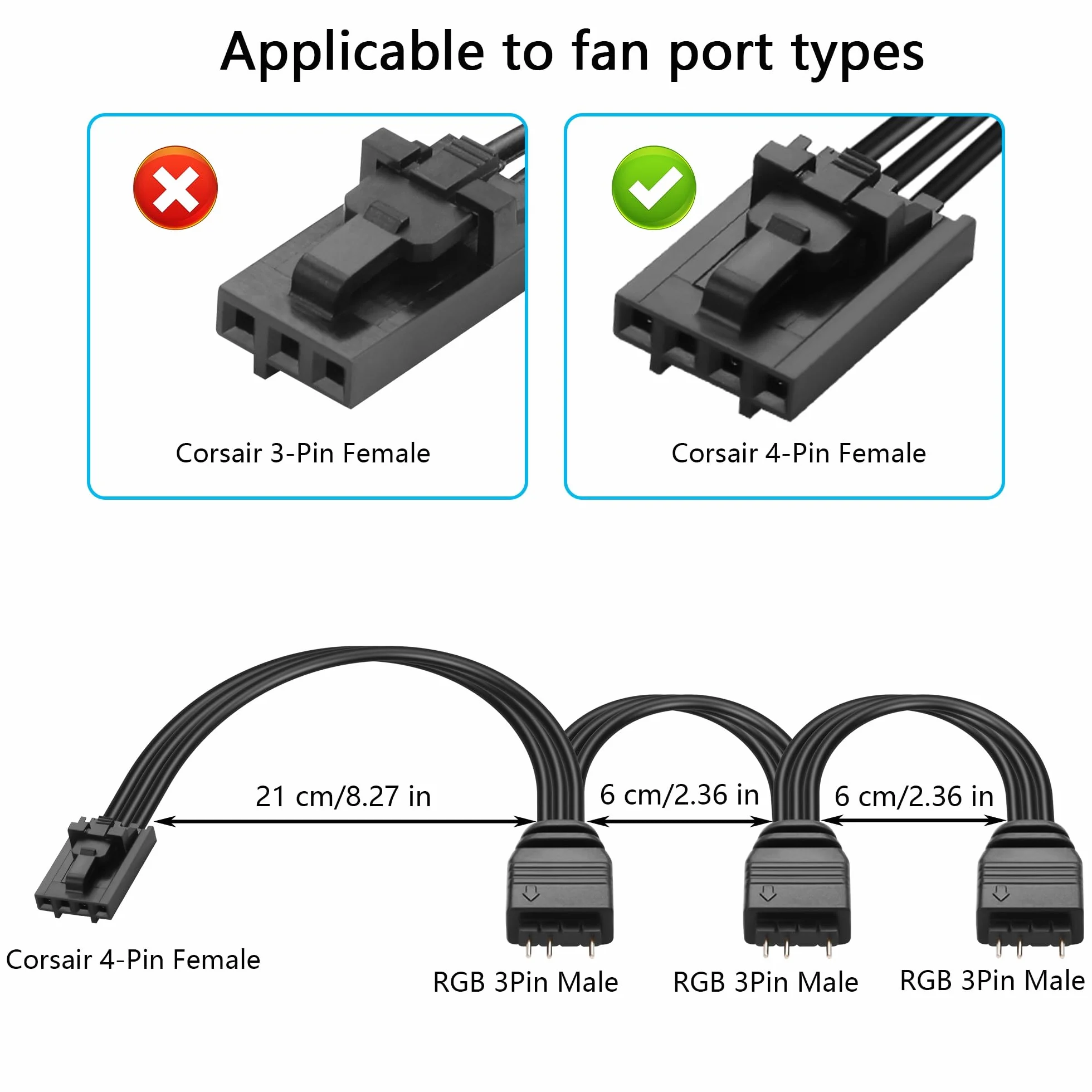GINTOOYUN 2 x RGB Fan Splitter Cable 4-pinowy sterownik żeński do 3 5 V 3-pinowy konwerter RGB męski kabel 1 na 3 kable argb rozdzielacz do sterowania corext i inne (1 do 3)