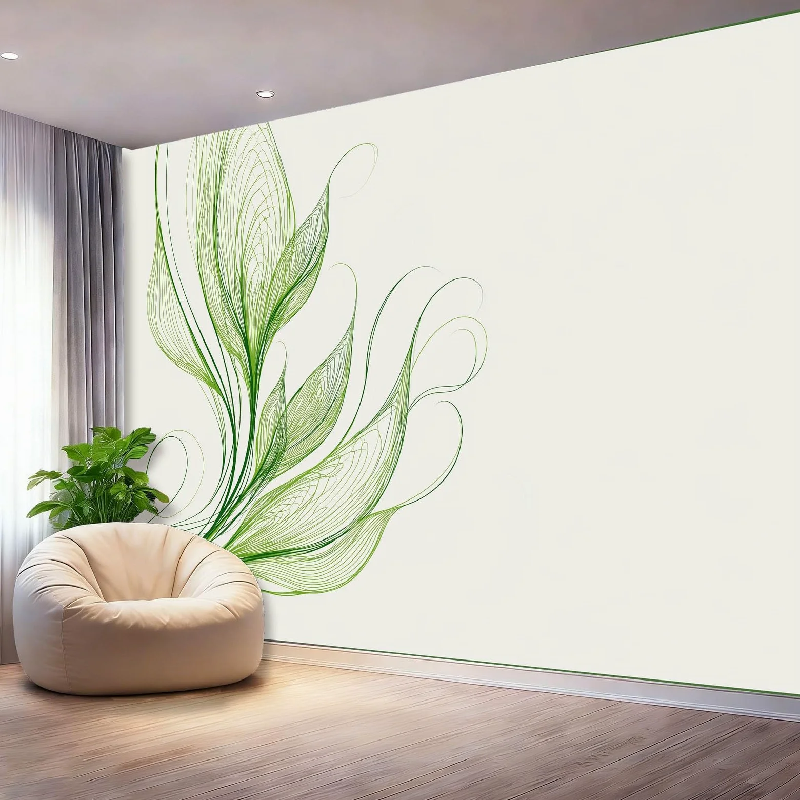 Fototapeta tapeta rośliny gałęzie i liście linie zielony kremowy motyw fototapeta włóknina fototapeta plakat do salonu sypialni korytarza TV tło dekoracja ścienna murale, 300 x 210 cm