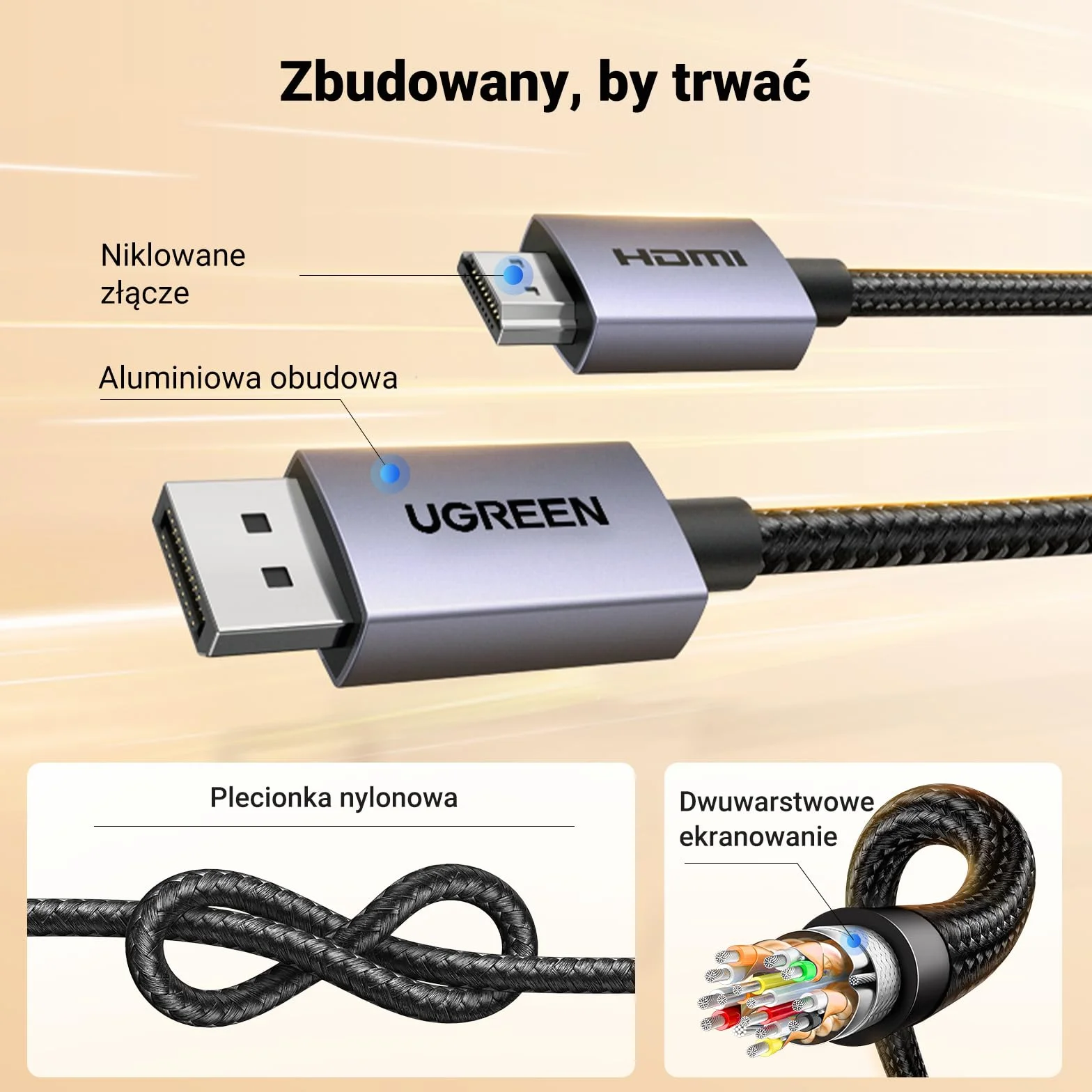 UGREEN 4K@30Hz DP do HDMI Kabel, Jednokierunkowa Transmisja, Aluminiowa Taśma w Oplocie, Kabel Displayport do HDMI do Gier na Wielu Ekranach, Kompatybilny z Monitorem, Projektorem, HDTV, Laptopem（2M）