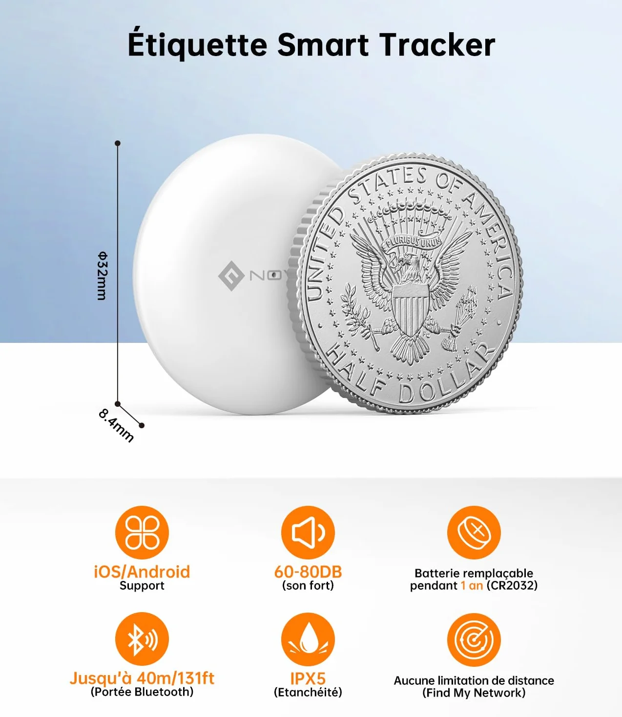NOVOO Inteligentny tag Bluetooth kompatybilny z Apple & Google Find My, alarm 80dB, wodoodporny IPX5, wymienna bateria