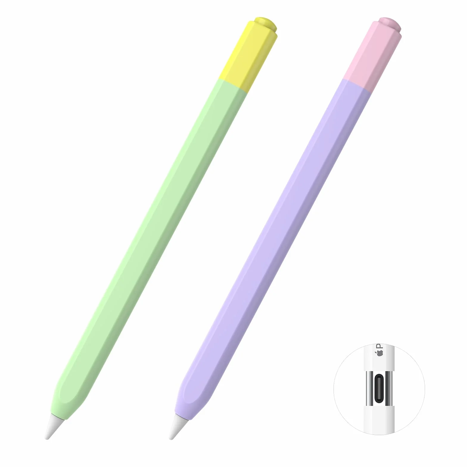 MoKo Pencil Case Compatible with Apple Pencil (USB-C), 2 Pack Silicone Apple Pencil USB C Sleeve Cover, Protective Skin Cover Holder Grip Sleeve, Support Magnetic Attachment, Green-Yellow+Purple-Pink