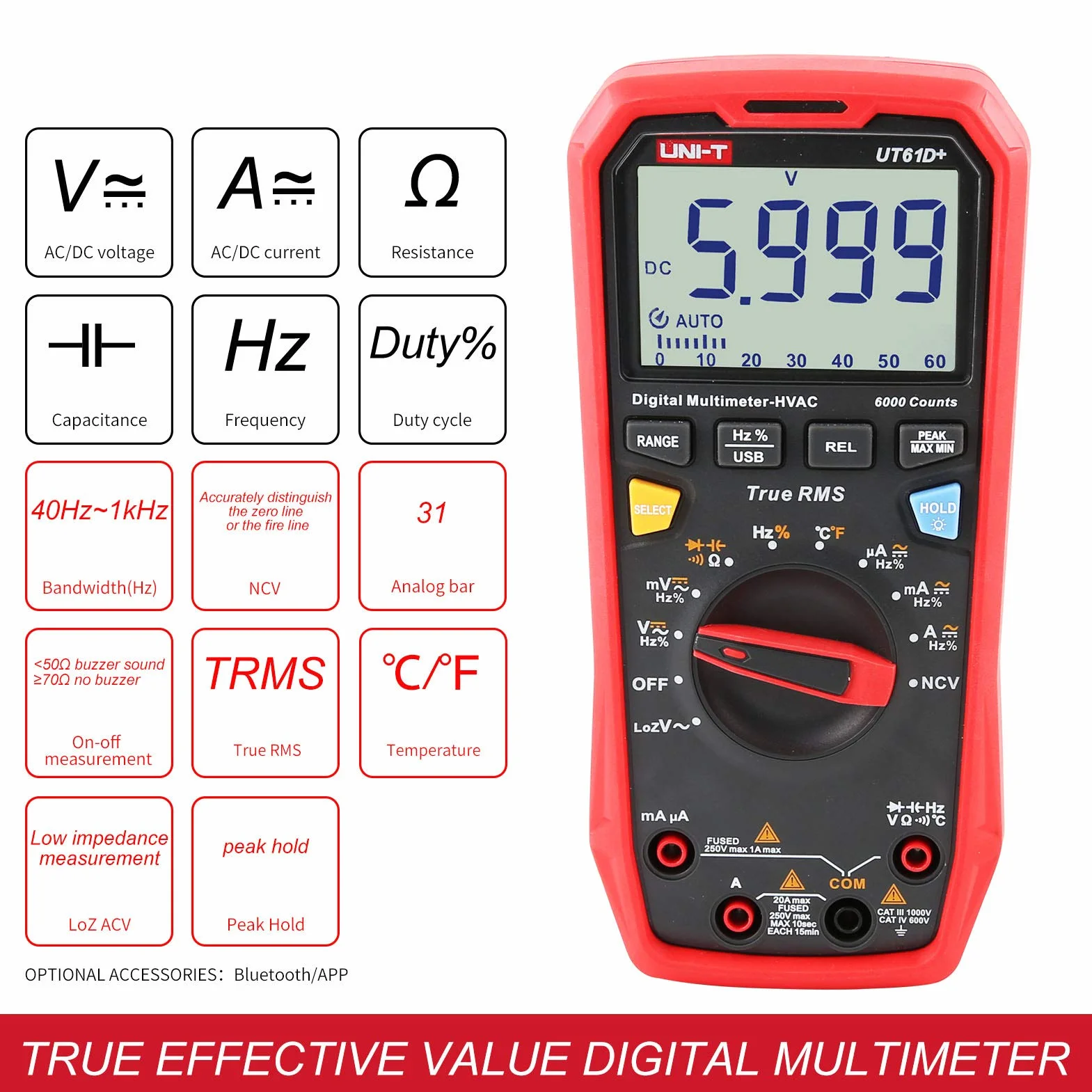 UNI-T UT61D+ 1000V 20A Multimetr cyfrowy 6000 zliczeń True RMS napięcie AC/DC prąd opór pojemność tester