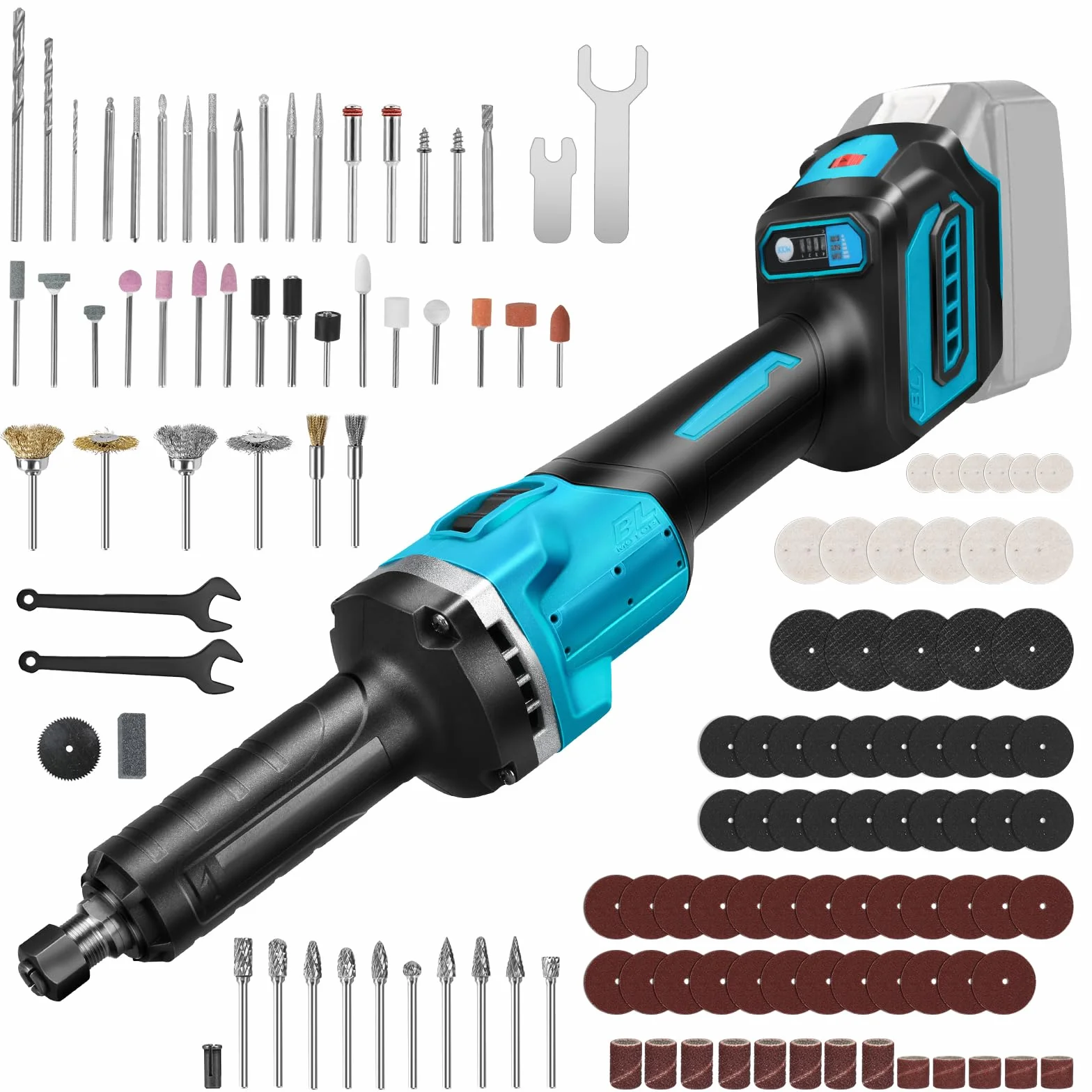Szlifierka prosta kompatybilna z Makita 18 V, bezszczotkowy profesjonalny instrument obrotowy z 128 szt. akcesoria i 6 zmiennymi prędkościami do 3 mm i 6 mm wiertarka wielofunkcyjna (bez baterii)