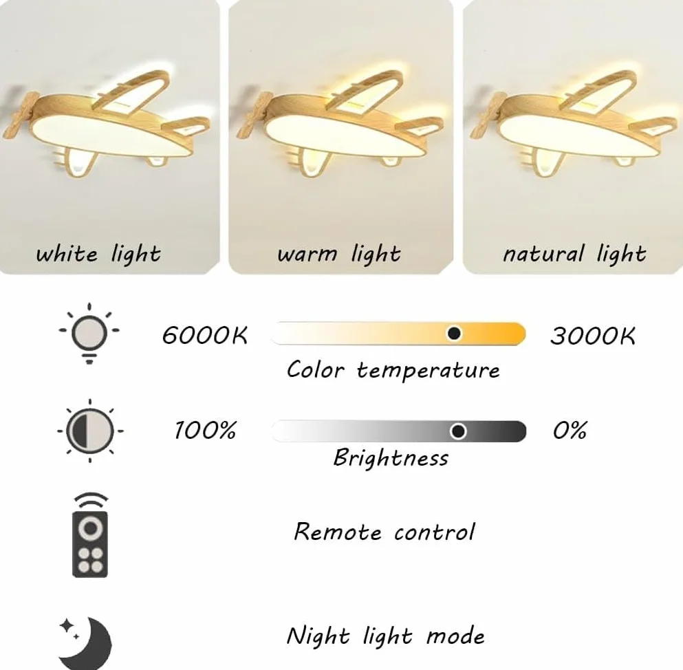 Lampa sufitowa LED Oświetlenie pokoju dziecięcego Samolot Kreatywny projekt Możliwość przyciemniania Drewniana pilotem 3000–6000 K Nowoczesne oświetlenie Sypialnia Salon Sypialnia Dziewczyny Chłopcy (