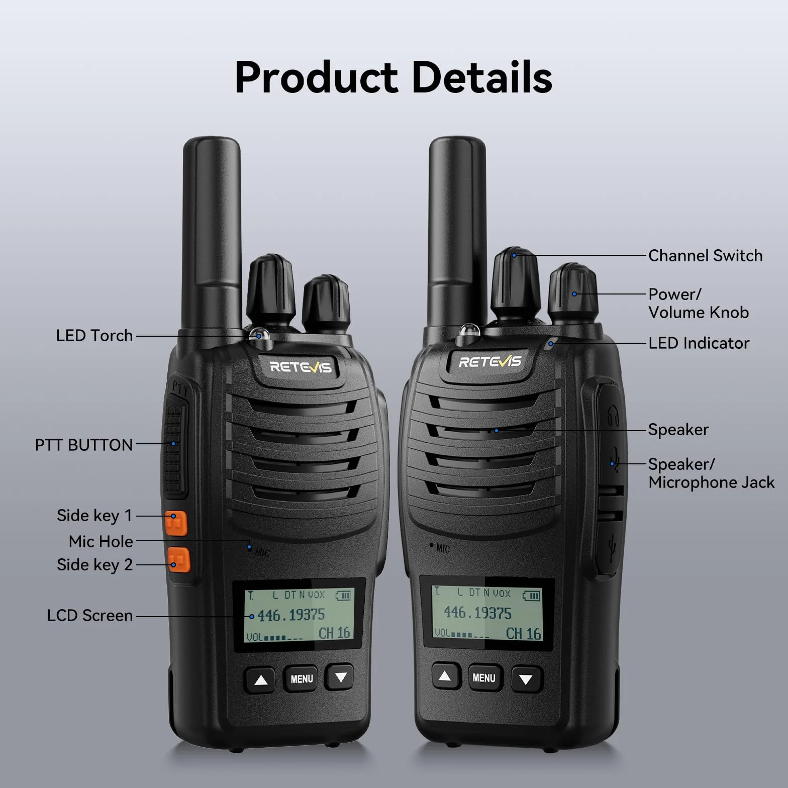 Retevis H777D Walkie Talkie PMR446 z Ekranem LCD, Ładowanie Typu C, 1200 mAh, Alarm Awaryjny, 2 Sztuk Czarne