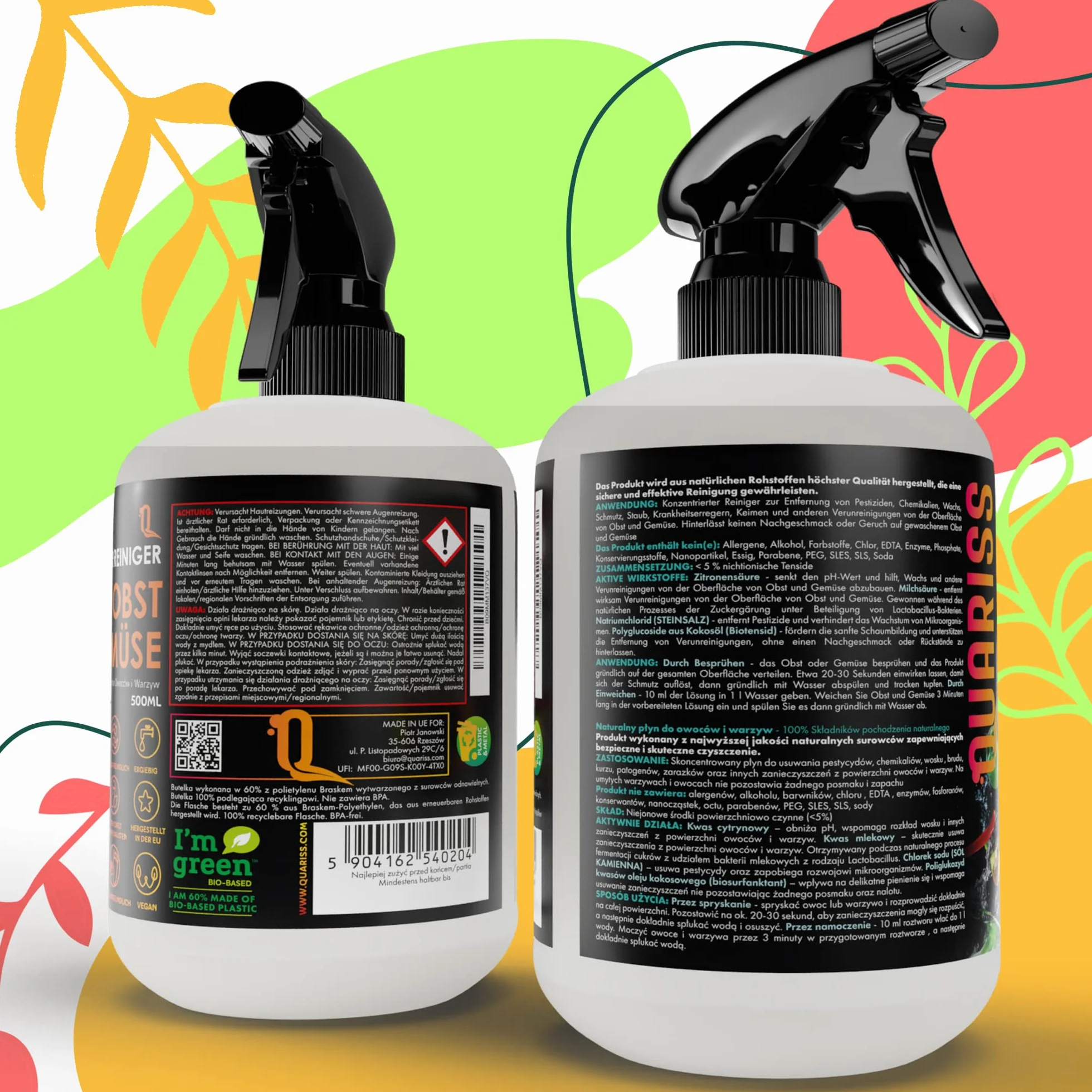 Natural Fruit and Vegetable Cleaner - Vegan Vegetable Cleaner Fruit Cleaner - Usuwa kurz woskowy i inne zanieczyszczenia - 500ml