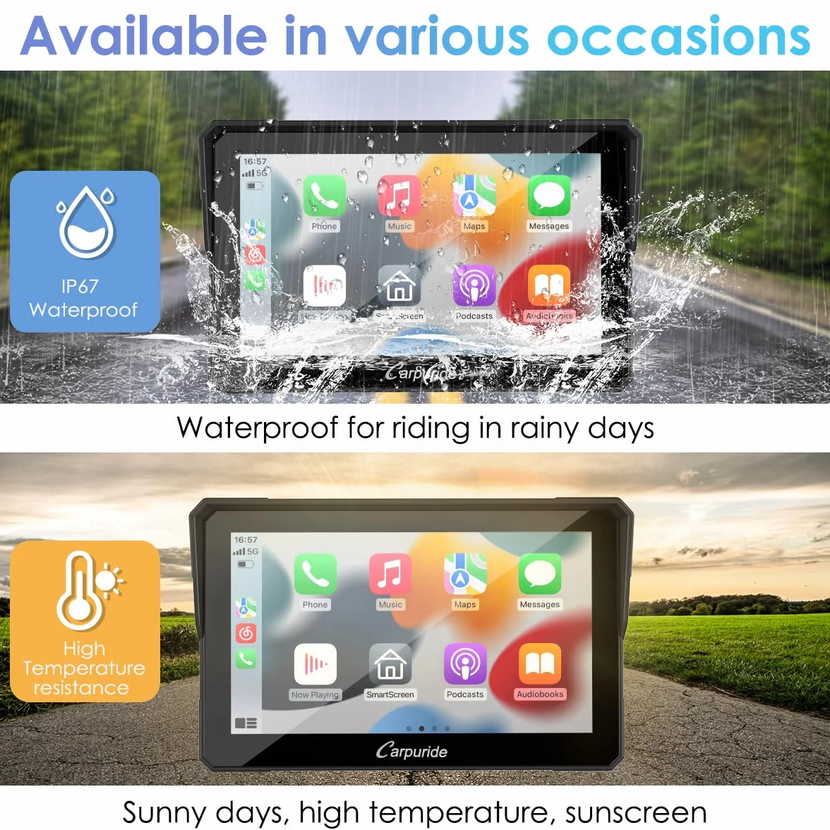 Carpuride W702 Motocyklowy ekran Carplay, bezprzewodowy CarPlay i Android Auto, wodoodporny ekran dotykowy 17.8 cm, podwójny Bluetooth, nawigacja, Siri.