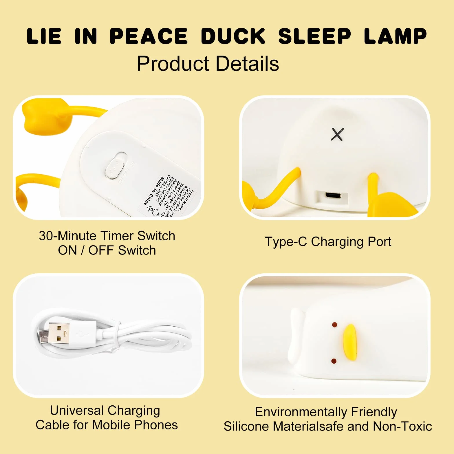 URAQT Lampka Nocna dla Dzieci, Silikonowa Lampka Nocna z Czujnikiem Dotyku, Śliczna Kaczka Lampki do Pokoju dla Dzieci z Funkcją 30 Minutowego Timera, USB do Ładowania na Prezent Chrztu Dziecka
