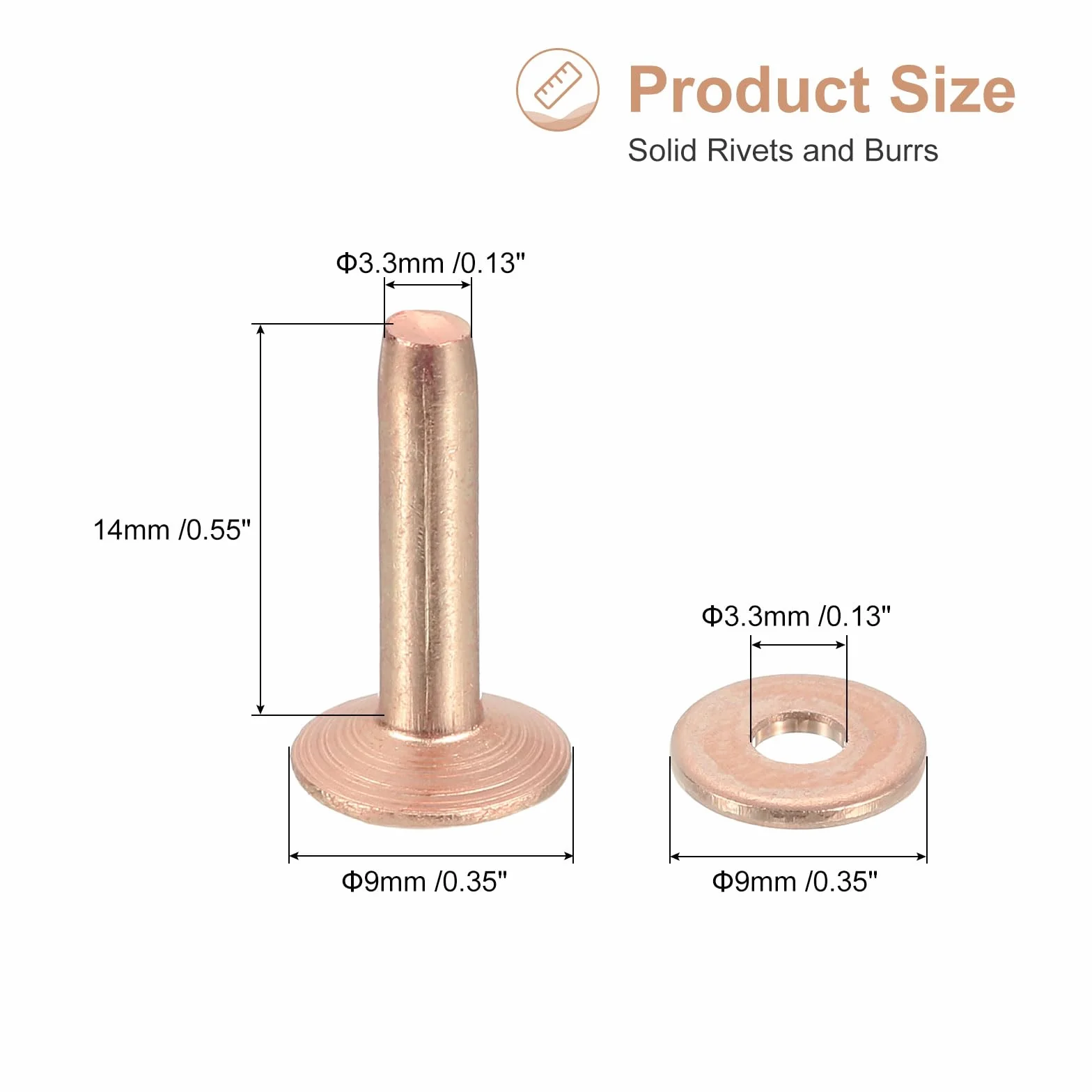 QUARKZMAN 50 sztuk nitów miedzianych i nasadek, 9 x 3,3 x 14 mm, solidne skórzane nity miedziane, do skóry, do majsterkowania, do majsterkowania, kolor miedziany