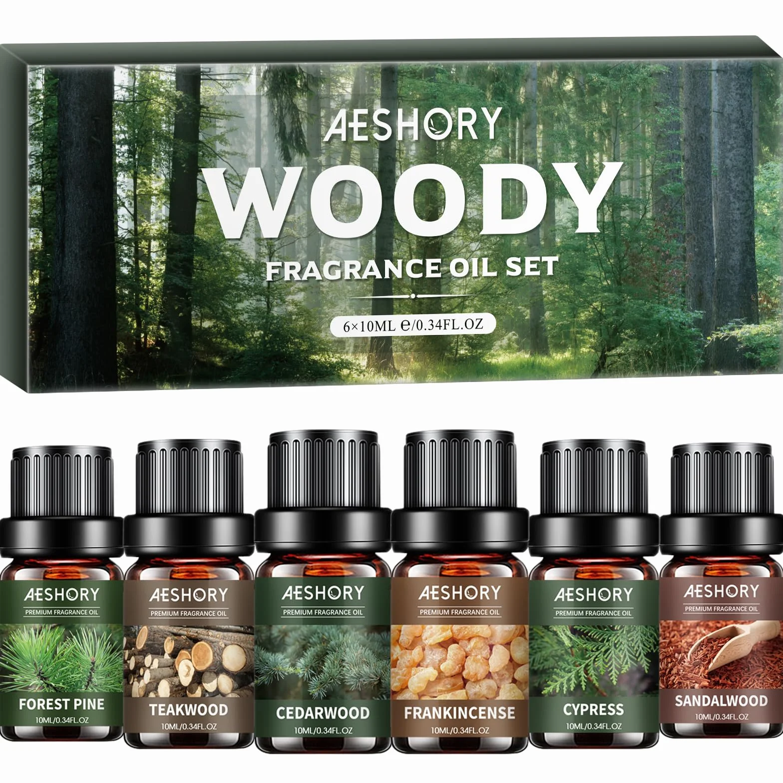 Zestaw olejków eterycznych AESHORY Woody do dyfuzorów 6 x 10 ml, 100% naturalnych olejków zapachowych do aromaterapii - drzewo sandałowe, drzewo cedrowe, drewno tekowe, sosna leśna, kadzidło, cyprys