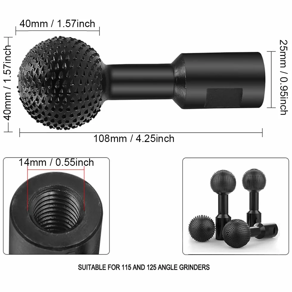 Kulisty zadziorów obrotowych, frez kulowy, rzeźba w drewnie, 14 mm, kulka do modelowania drewna, głowica szlifierki kątowej, do szlifierki kątowej 115/125
