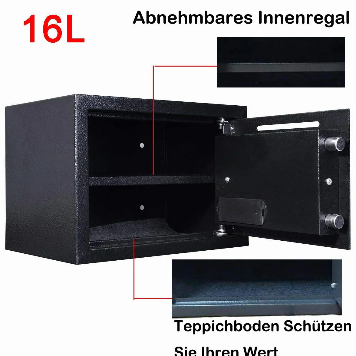 Sejf 16 l, duży, o wysokim poziomie bezpieczeństwa, elektroniczny, cyfrowy, stalowy, domowy sejf, montowany na ścianie, szafce podłogowej, do biura, domu, hotelu, duży rozmiar 16 l, czarny