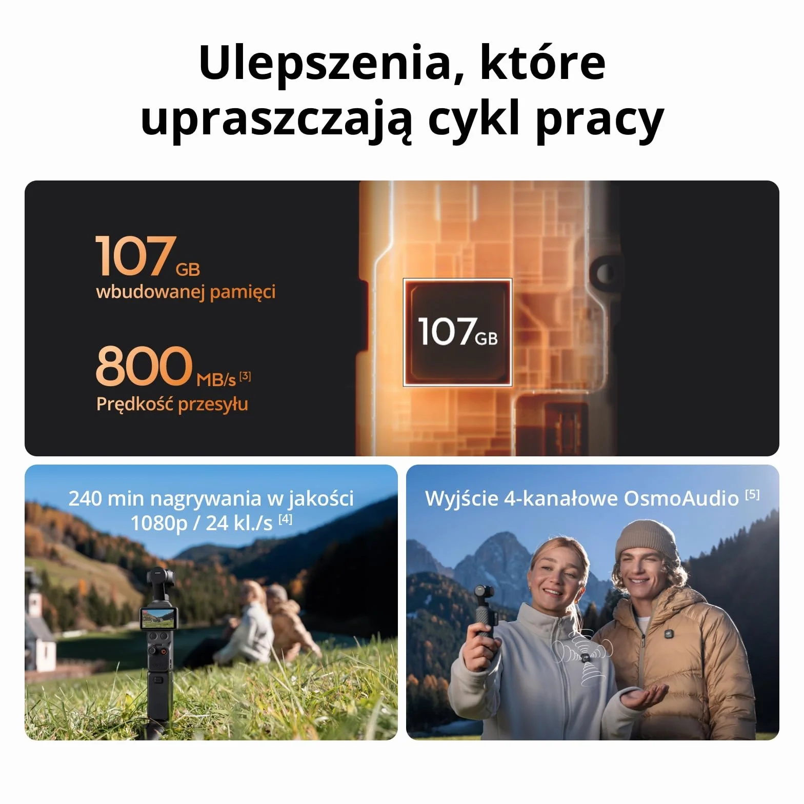 DJI Osmo Pocket 4 Creator Combo, kieszonkowa kamera Vlog, 1″ CMOS, 4K/240 kl./s, stabilizacja 3-osiowa, 107 GB