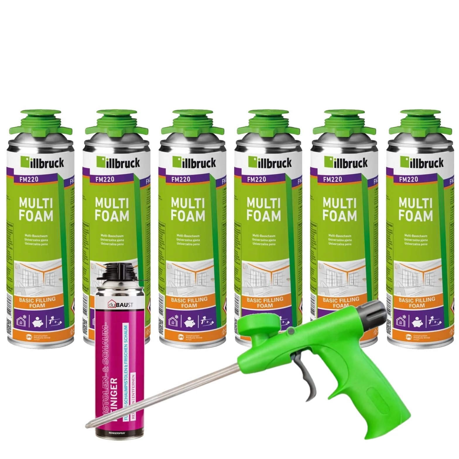 FM220 Pianki konstrukcyjne do okien o wysokiej izolacji akustycznej, izolacja cieplna, 500 ml, pianka montażowa (ze środkiem czyszczącym AA290 + standardowy pistolet piankowy, 6 x 500 ml)