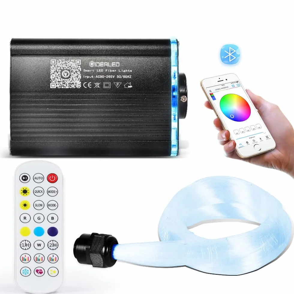 Inteligentna aplikacja sterowane światłowodem LED, gwiaździste niebo, światła z pilotem zdalnego sterowania RF, Bluetooth RGBW Fiber Optic Lights Kit z 200 kablami światłowodowymi 2 m 0,75 mm do