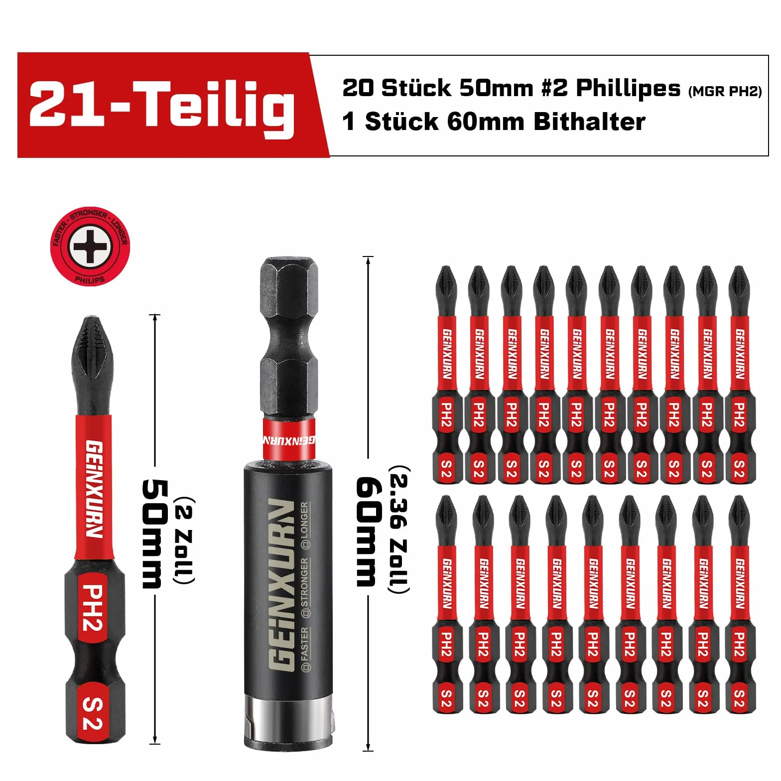 Geinxurn 20 sztuk wkrętaków magnetycznych #2 Phillips 25 mm PH2 bity antypoślizgowe, 1 uchwyt do bitów 60 mm, stal stopowa S2, trzpień sześciokątny 1/4 cala, zestaw bitów