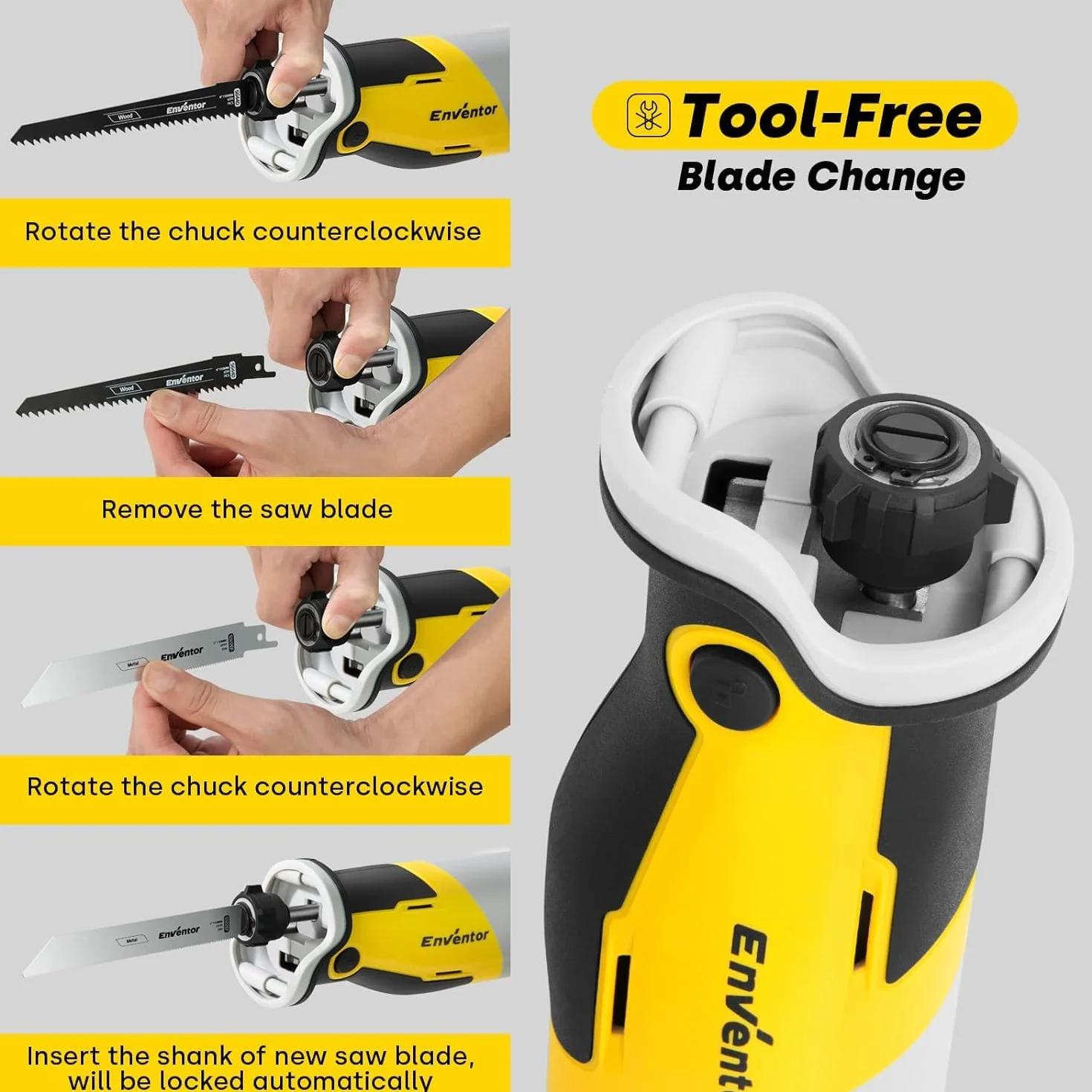 ENVENTOR 20V Bezszczotkowa Piła Szablasta, 2 x 2.0 Ah, 0-3000 RPM, 5 Brzeszczotów