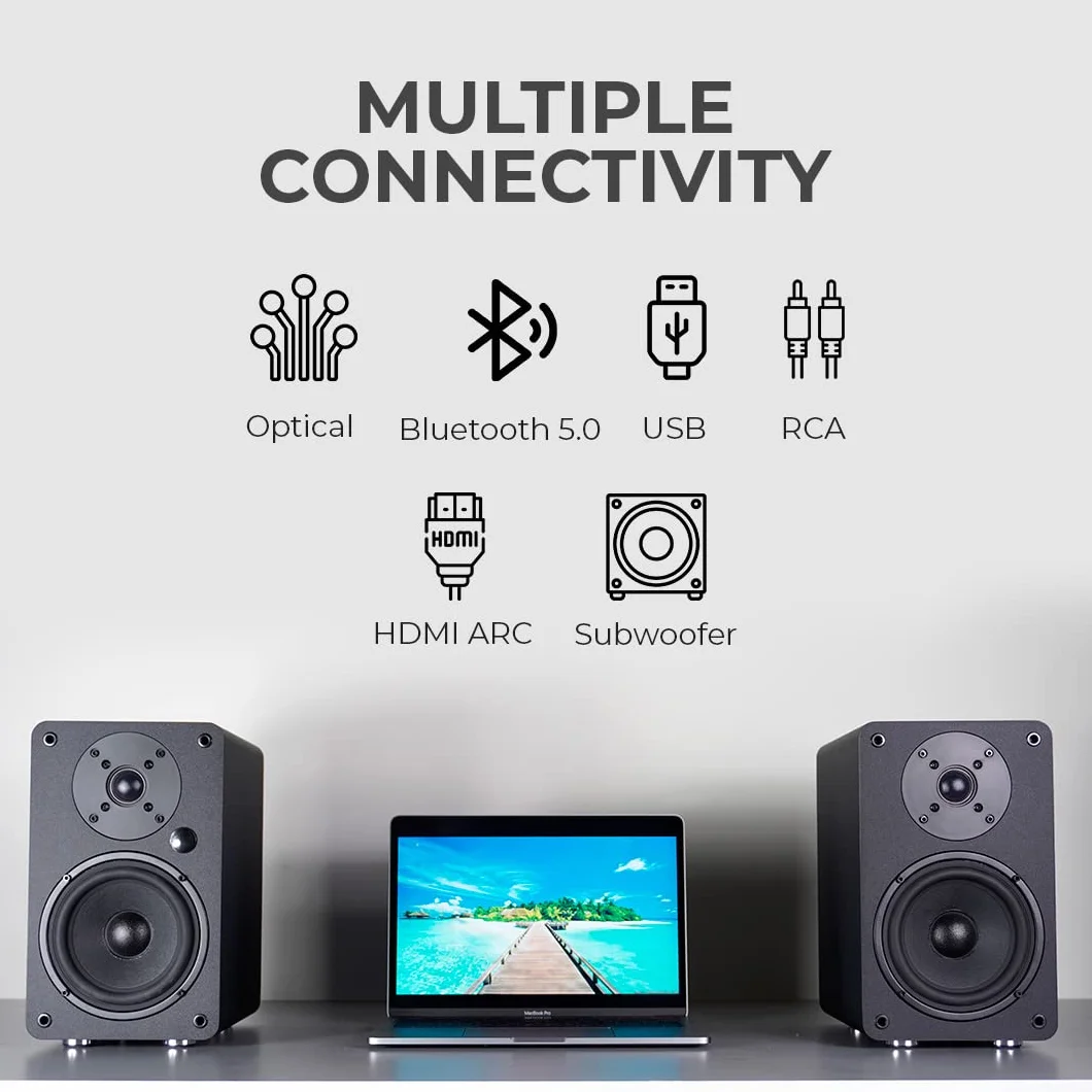 VULKKANO A5 ARC Głośniki Półkowe z głośnikiem niskotonowym 5,25", Bluetooth 5.0, HDMI ARC, Optica, RCA, USB, z wyjściem subwoofera, aktywne głośniki regałowy o eleganckim wzornictwie, Czarny