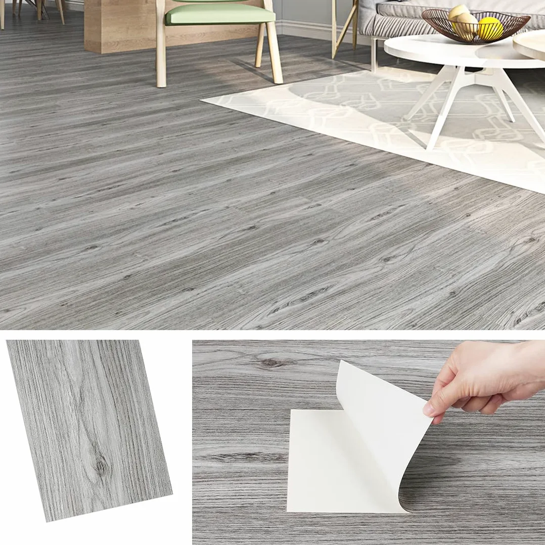 Livelynine 16 Płytka Podłoga Winylowa Samoprzylepna Szara Podłoga PVC Wood Look 90CMx15CM Venyl Podłoga Samoprzylepna Łazienka Laminat Podłoga Kuchnia Linoleum Podłoga Wood Look Folia Drewno Tapeta