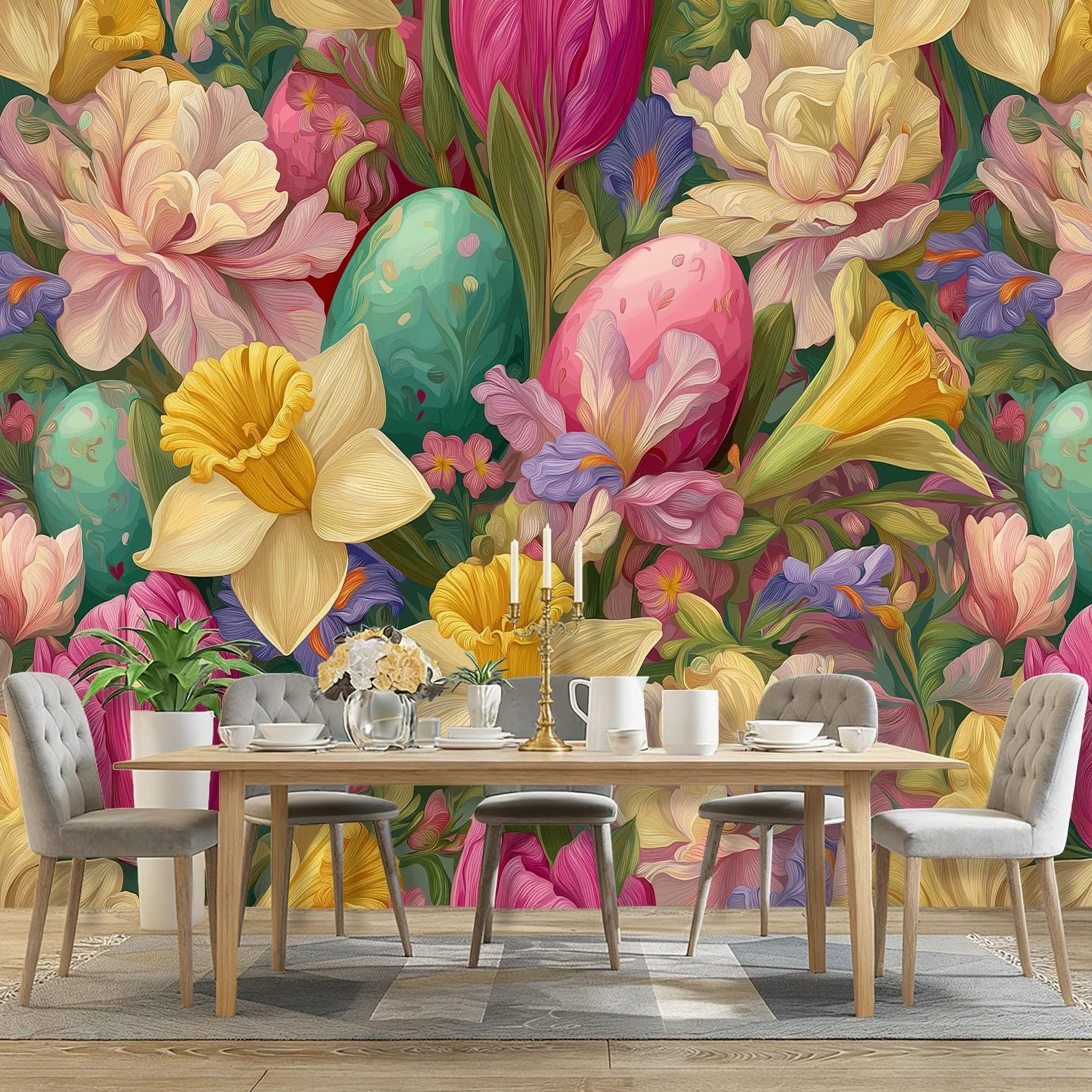 Fototapety Akwarela Tulipany Rośliny Żonkile Kolorowe Włóknina Tapeta Dekoracja Salon Sypialnia Biuro, 300 x 210 cm