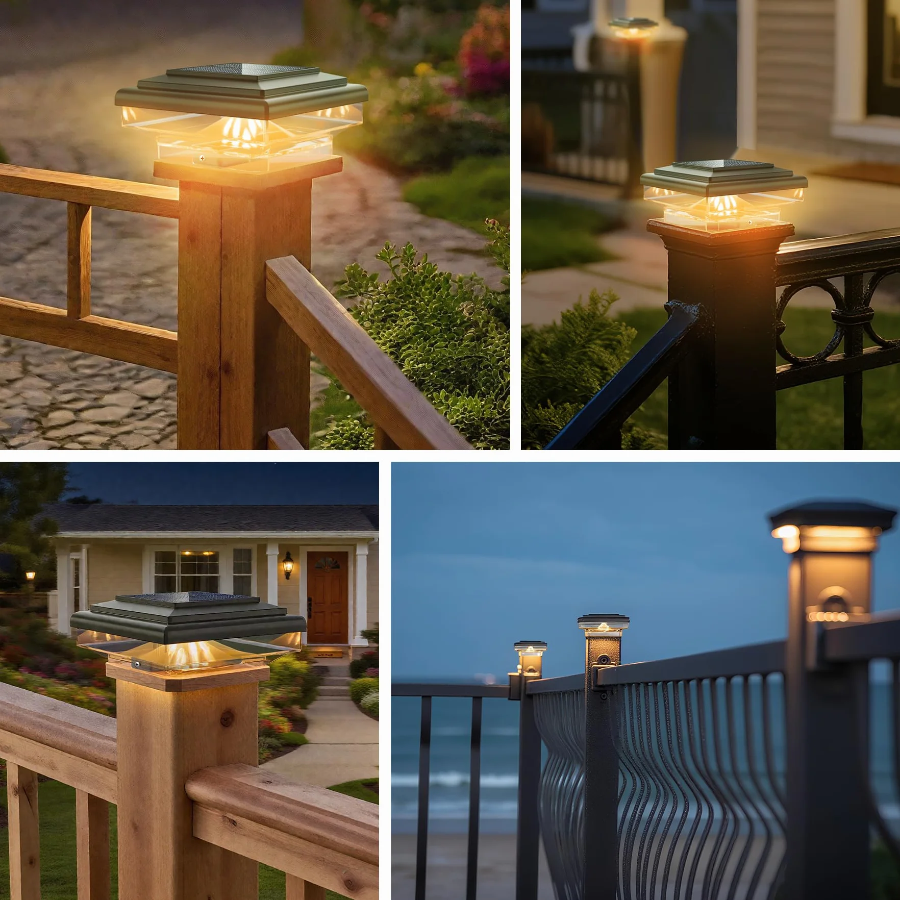 Zestaw 2 lamp solarnych z nasadkami ochronnymi, 8 diod LED, wodoszczelne solarne światła IP65, zewnętrzne, ogrodowe lampy solarne, do słupków ogrodzeniowych 70 mm/80 mm/90 mm/100 mm (76 x 76