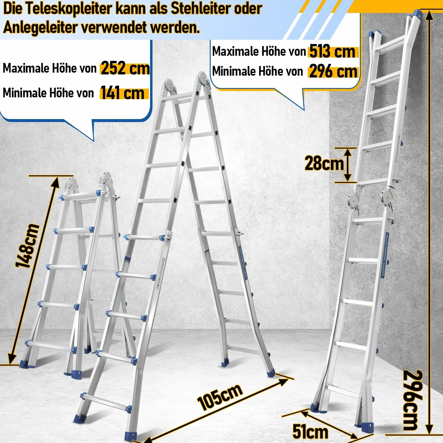 Aluminiowa drabina wielofunkcyjna teleskopowa 513 cm 4x5 szczeble 150 kg