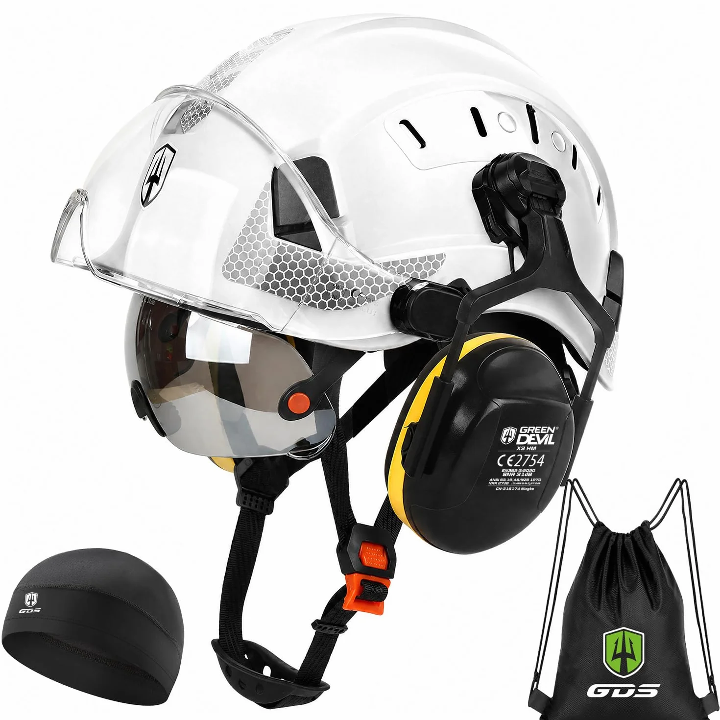 GREEN DEVIL Mervex kask ochronny – kask leśny z podwójnymi okularami ochronnymi EN166 i tłumikiem EN352 SNR32dB, certyfikat EN397, materiał ABS, unisex, do prac ogrodowych, wyrębów drewna i na placu
