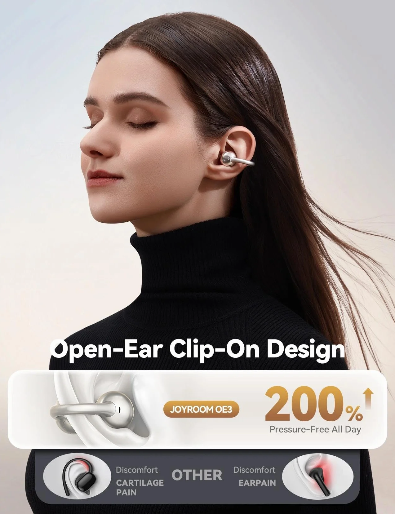 JOYROOM OE3 Słuchawki otwarte Bluetooth 5.4, ultralekki klips na ucho 4,9 g, komfortowy klips na ucho, 30 godzin odtwarzania, głęboki bas, mikrofon ENC zapewniający wyraźne rozmowy, ochrona IPX4