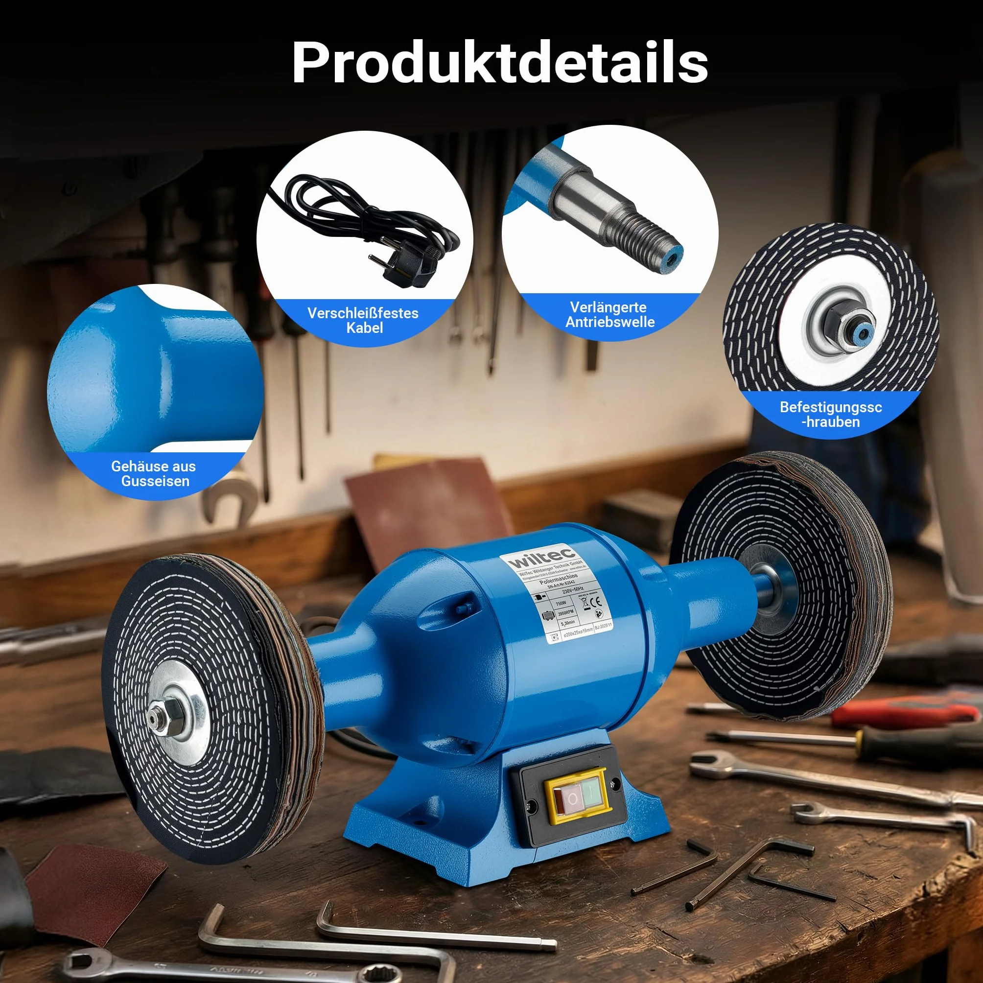 Wiltec Polerka 750 W Ø 200 mm 2950 U/min elektryczna żeliwna