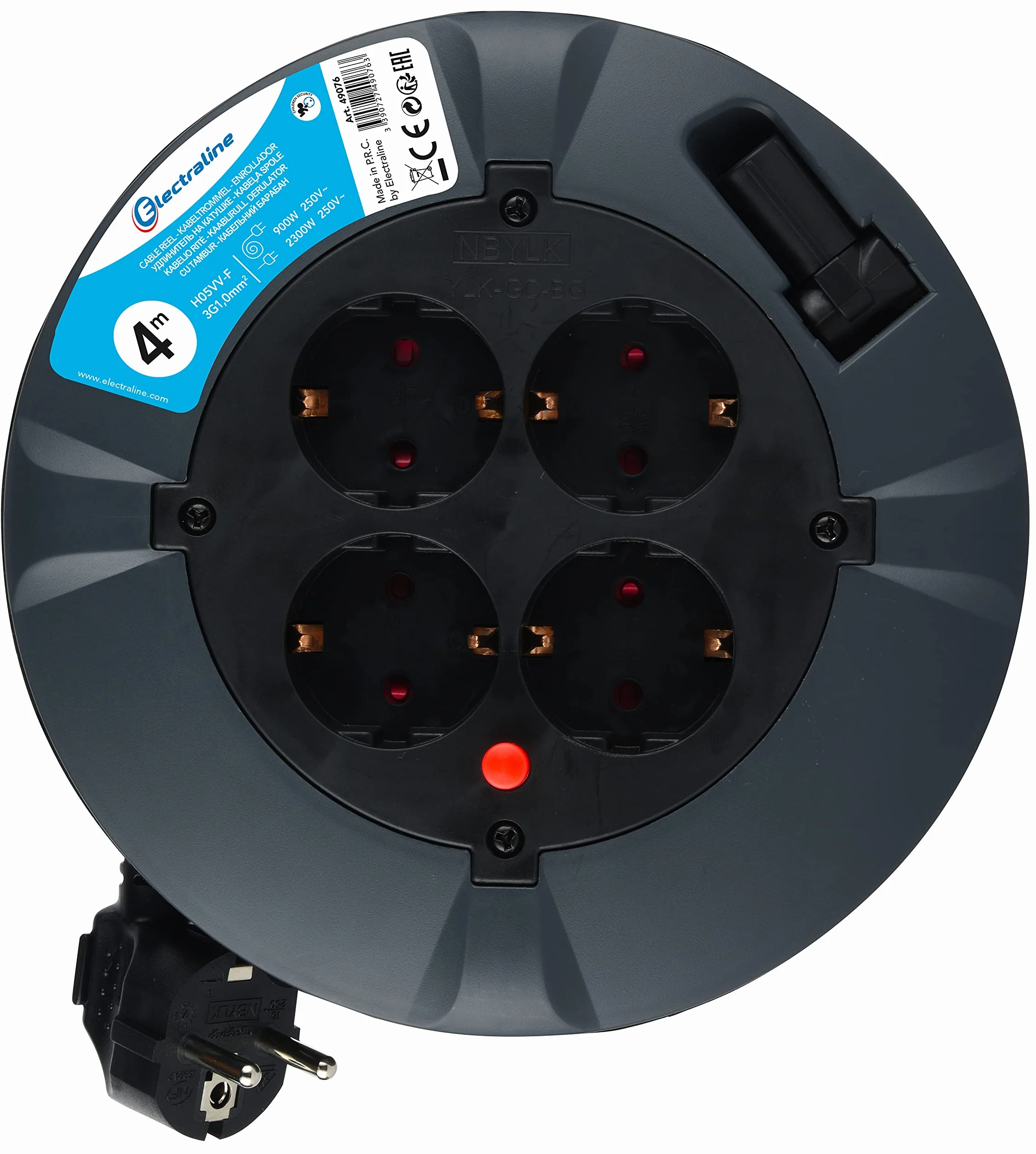 Electraline 49076, bęben kablowy, 4-krotny, 4 m, IP20, rolka kablowa z 4 gniazdami Schuko, skrzynka na kable z kablem przedłużającym, z korbą, czarny