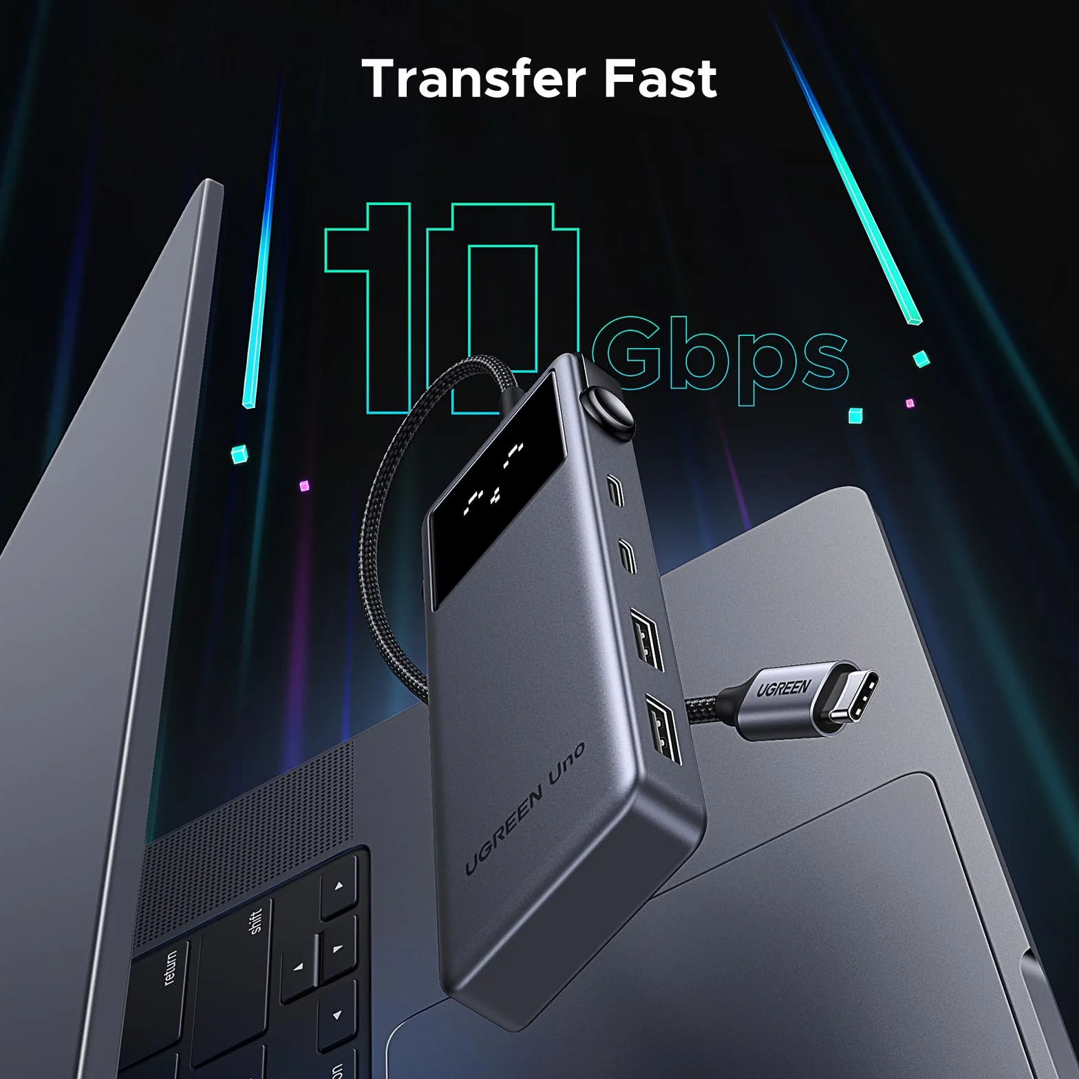 UGREEN Uno USB C Hub 10Gbps 4K@60Hz HDMI Inteligentny wyświetlacz LED PD 100W Adapter USB C 2*USB A i 2*USB C