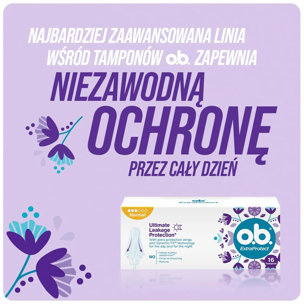 o.b. ExtraProtect Super Plus Tampony 36 szt., dodatkowe skrzydełka zabezpieczające, do 100% ochrony przed przeciekaniem w dzień i w nocy, na bardzo obfite krwawienie, duże opakowanie