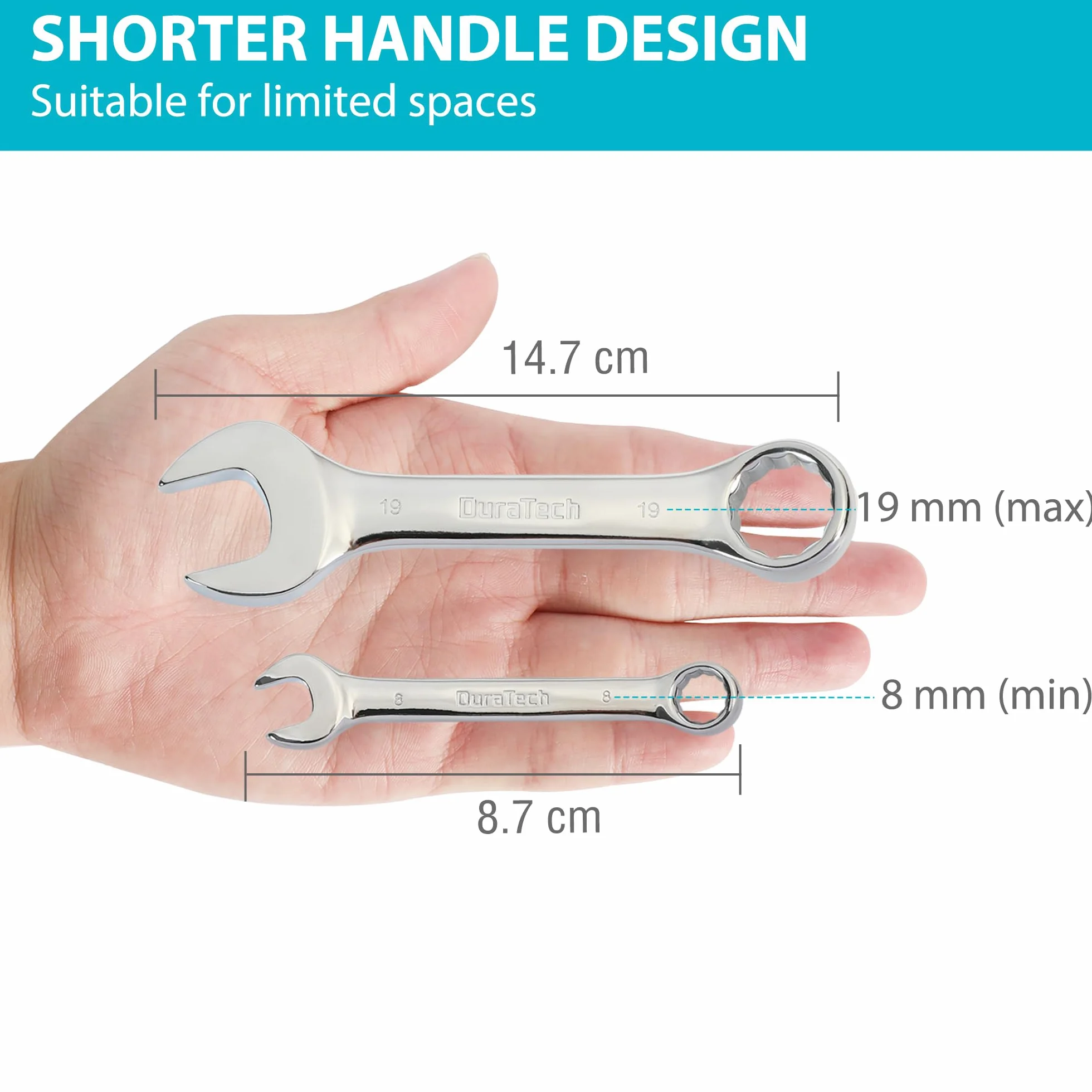 DURATECH Stubby Zestaw 12 kluczy mieszanych, otwarty koniec, 8-19 mm, stal chromowo-wanadowa, 12 sztuk, z torbą do przenoszenia
