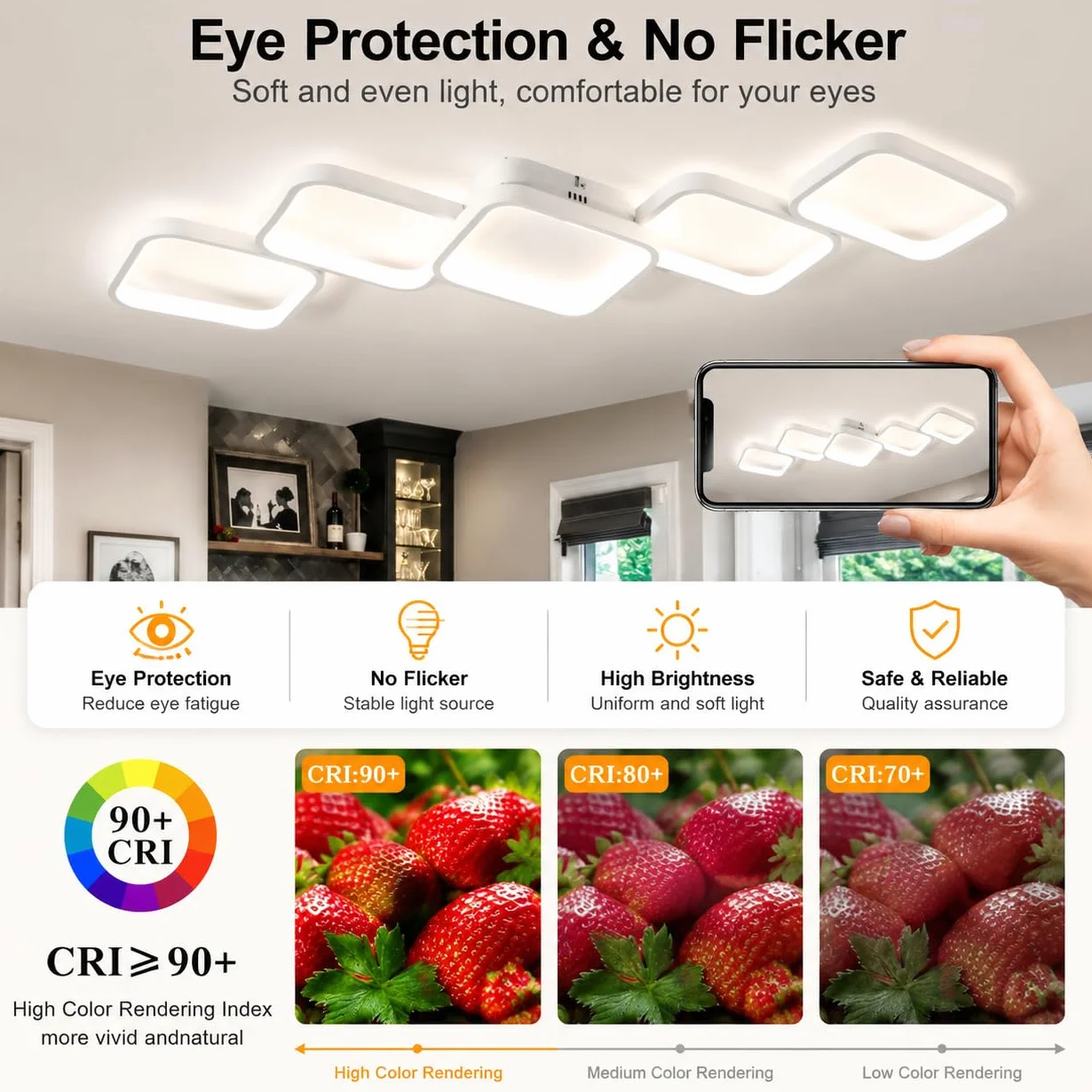 Ściemnialna Lampa Sufitowa LED 54W z pilotem i aplikacją, Biały Nowoczesna Lampa do Salonu, Sypialni, Przedpokoju, Kuchni, 5400LM, Regulacja Temperatury Barwowej 3000K-6000K, Pamięć Ustawień