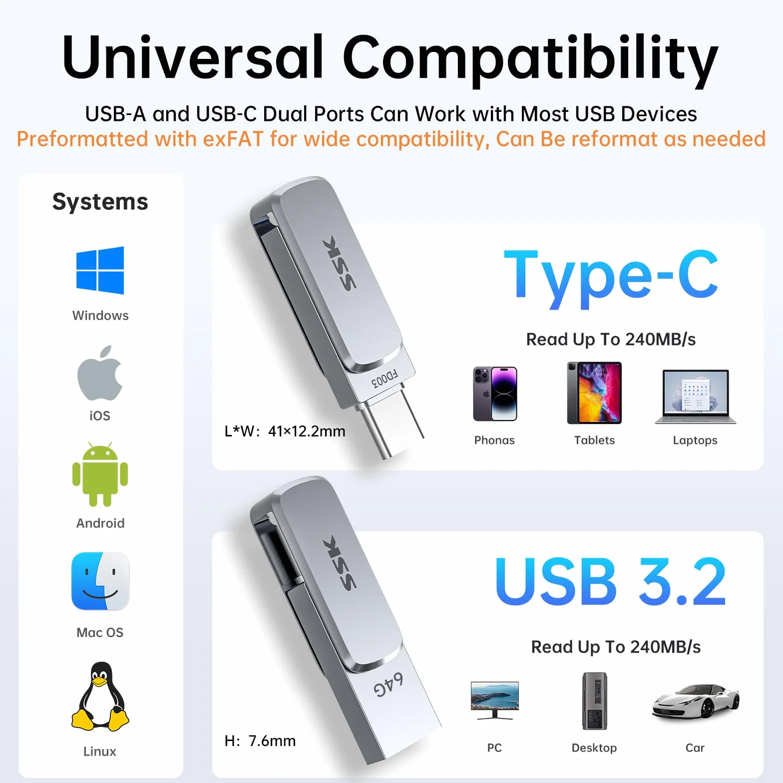 SSK Pamięć USB C 64 GB do 240 MB/s, Dual Memory Stick USB 3.2 Typ-C i USB-A, pamięć flash Drive do iPhone 15/16Pro/Win / Android z wodą, kurzem i ochroną przed upadkiem