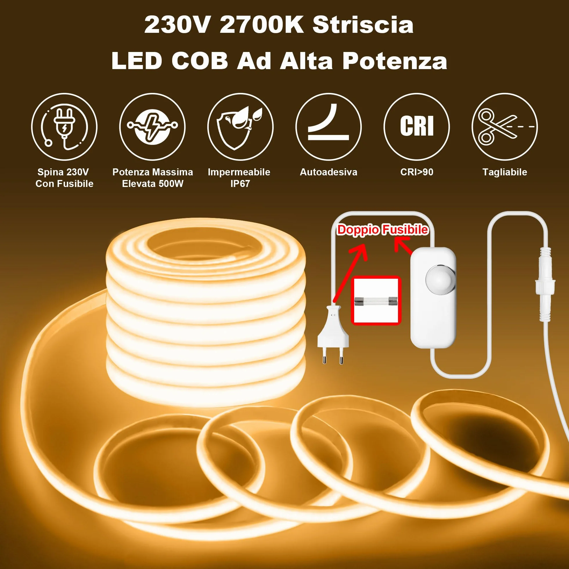Gliztech COB Taśma LED do użytku na zewnątrz, wodoodporna, IP67 AC 220 V, bezpośrednia wtyczka, zewnętrzna taśma LED z podwójnym sterowaniem bezpiecznikiem, samoprzylepna taśma LED do ogrodu