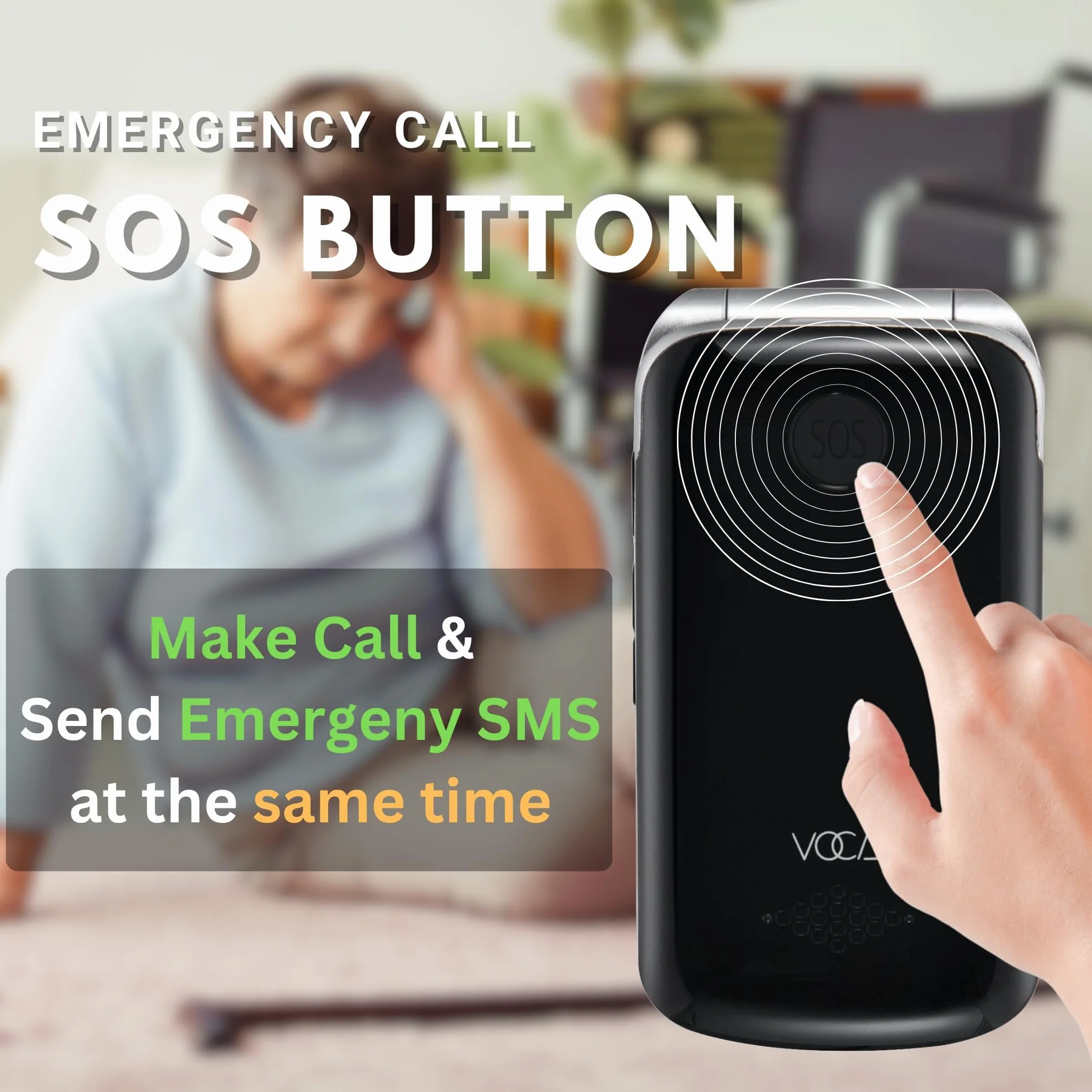 VOCA telefon z klapką z dużymi przyciskami dla seniorów, podwójny ekran, 4G, głośny dźwięk, przycisk SOS, kompatybilność z aparatami słuchowymi, stacja ładująca, przewidywanie tekstu, V543 (Czarny)