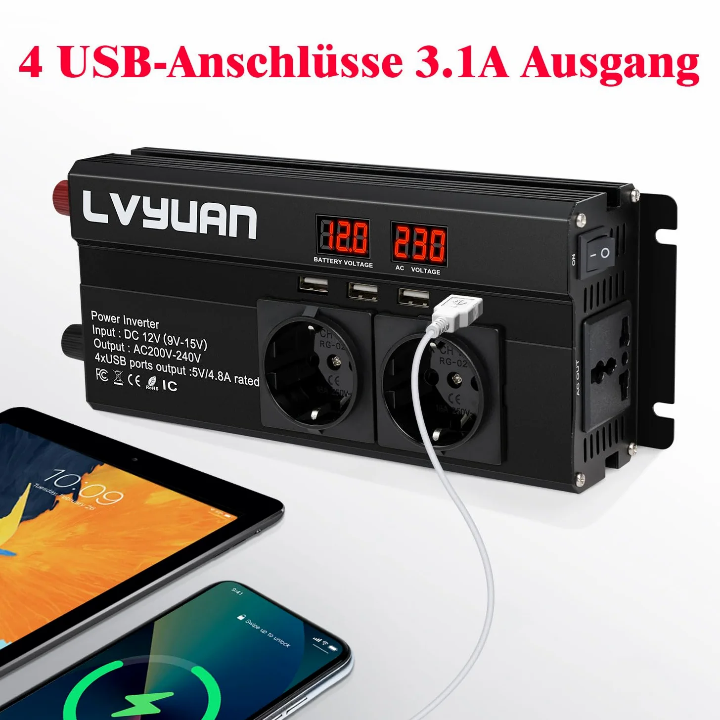 LVYUAN 2000W przetwornica napięcia DC 12V na 230V AC z diodą LED, 4 porty USB, 3 gniazda AC do użytku na zewnątrz, awaryjna awaria zasilania