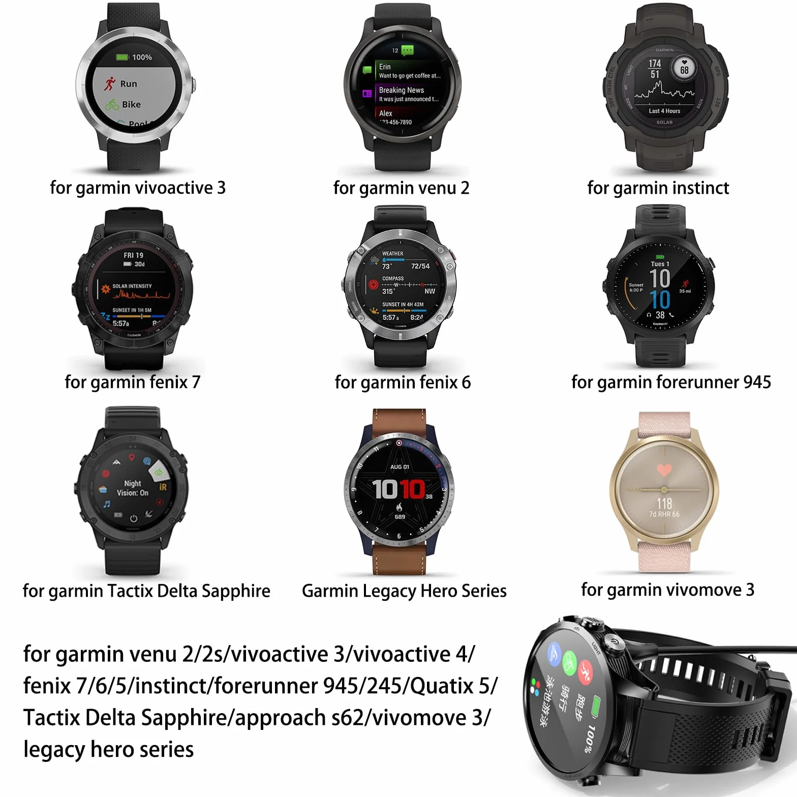 Oumida Kabel do ładowania do Garmin Venu 2 Plus/Sq/Sq 2 Music/Vivoactive 3, ładowarka, USB C, kabel synchronizacji danych do Garmin Fenix 7/6/5 (czarny)