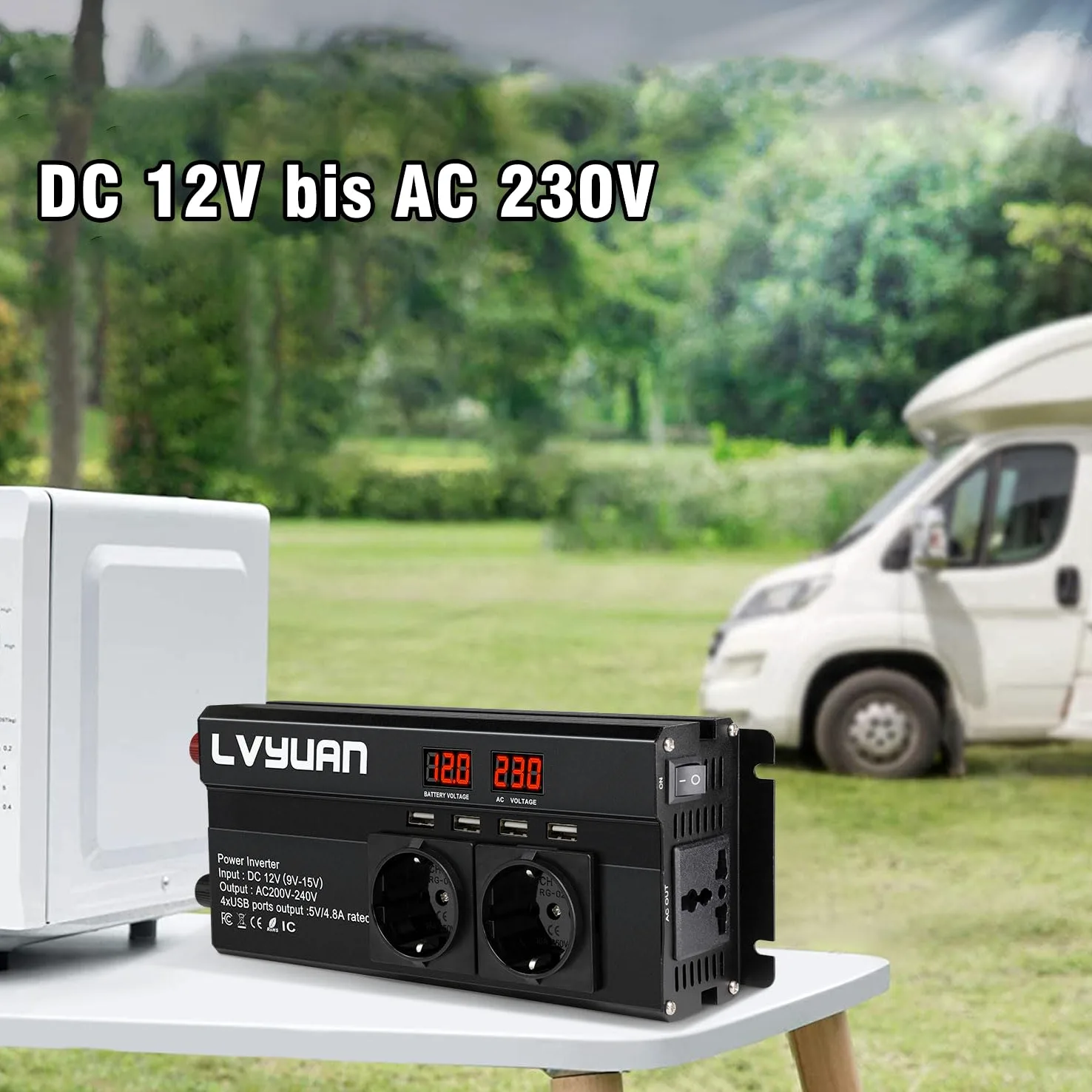 LVYUAN 2000W przetwornica napięcia DC 12V na 230V AC z diodą LED, 4 porty USB, 3 gniazda AC do użytku na zewnątrz, awaryjna awaria zasilania