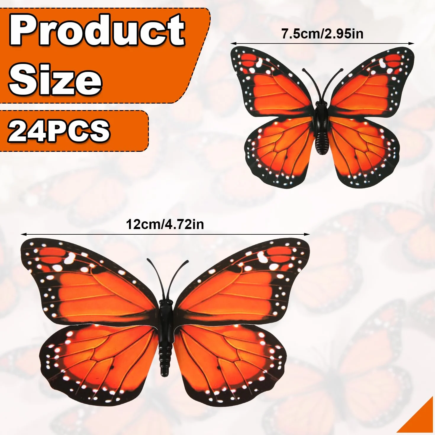 24 Szt. Magnesy Motyl Monarcha, Sztuczny Dekoracje, Naklejki Scienne 3D Motyl Naklejka do Rzemiosla Sciany Domu Wystroju Sztuki Lodówki Halloween Urodzin Imprezy (Pomaranczowy)