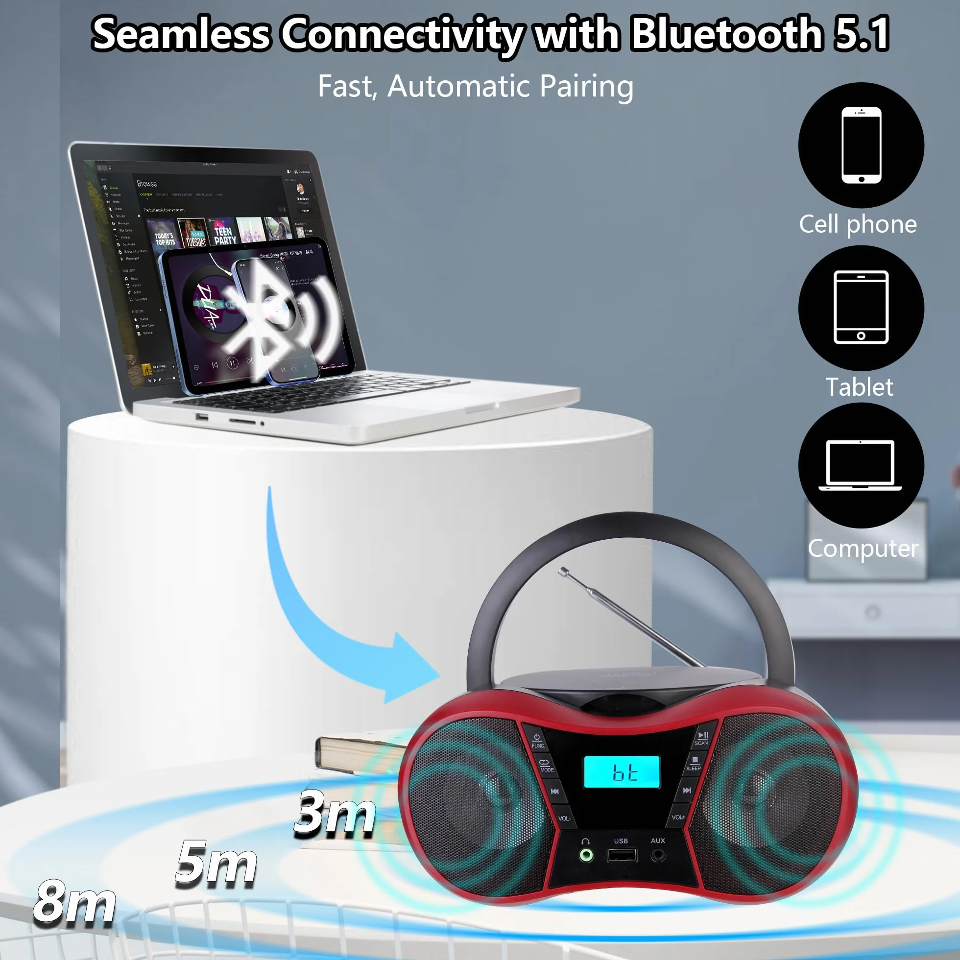 Przenośny odtwarzacz CD Boombox Bluetooth AUX USB FM stereo
