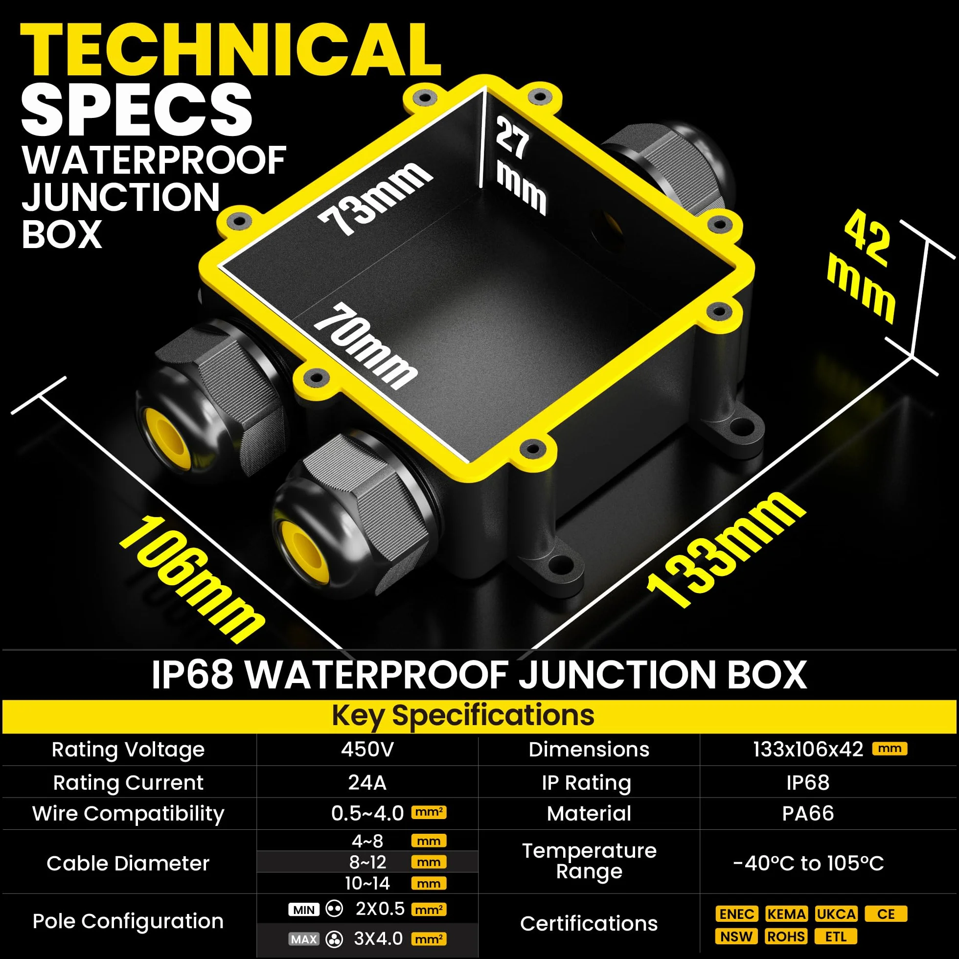 PEBA® Puszka przyłączeniowa, Zewnętrzna Wodoszczelna skrzynka rozgałęźna IP68 3-drożne Wodoodpornych puszek rozgałęźnych, Wodoodporne złącze kablowe,na Ø 4-14mm ogrodu przyłączeniowa, Czarny