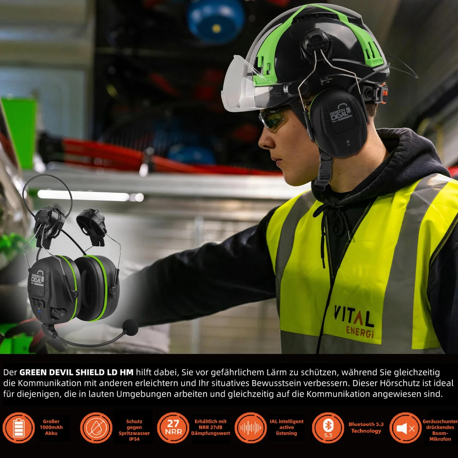 GREEN DEVIL Shield LD HM aktywna ochrona słuchu – elektroniczne nauszniki pasujące do kasków, zgodne z normą EN352 SNR 32 dB z technologią Bluetooth 5.3, wbudowany mikrofon