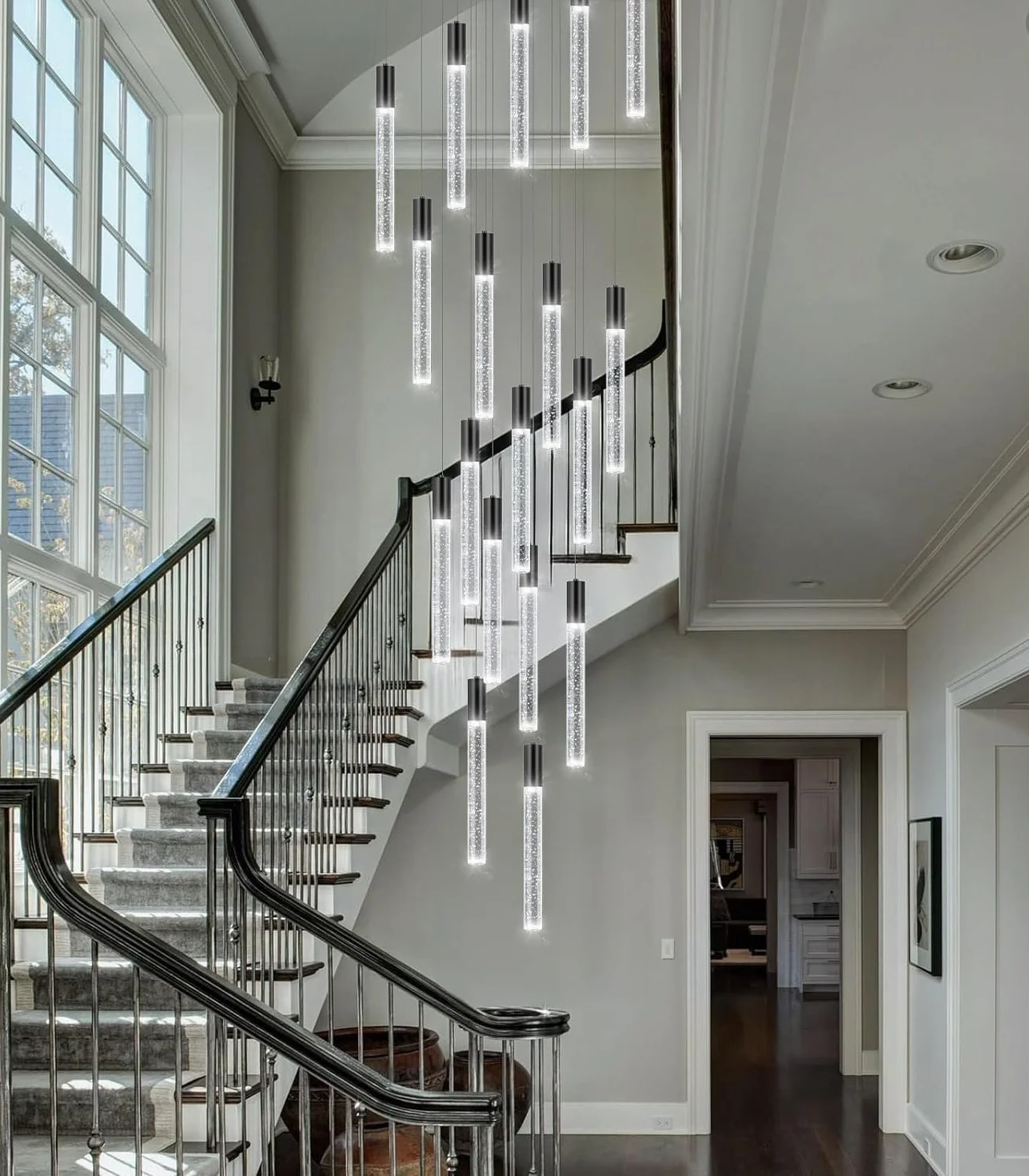 Lampa wisząca LED nowoczesny kryształowy spadek wysoki żyrandol sufitowy oprawa oświetleniowa duża lampa wejściowa wewnętrzne żyrandole oświetleniowe do salonu wejście przedpokój schody