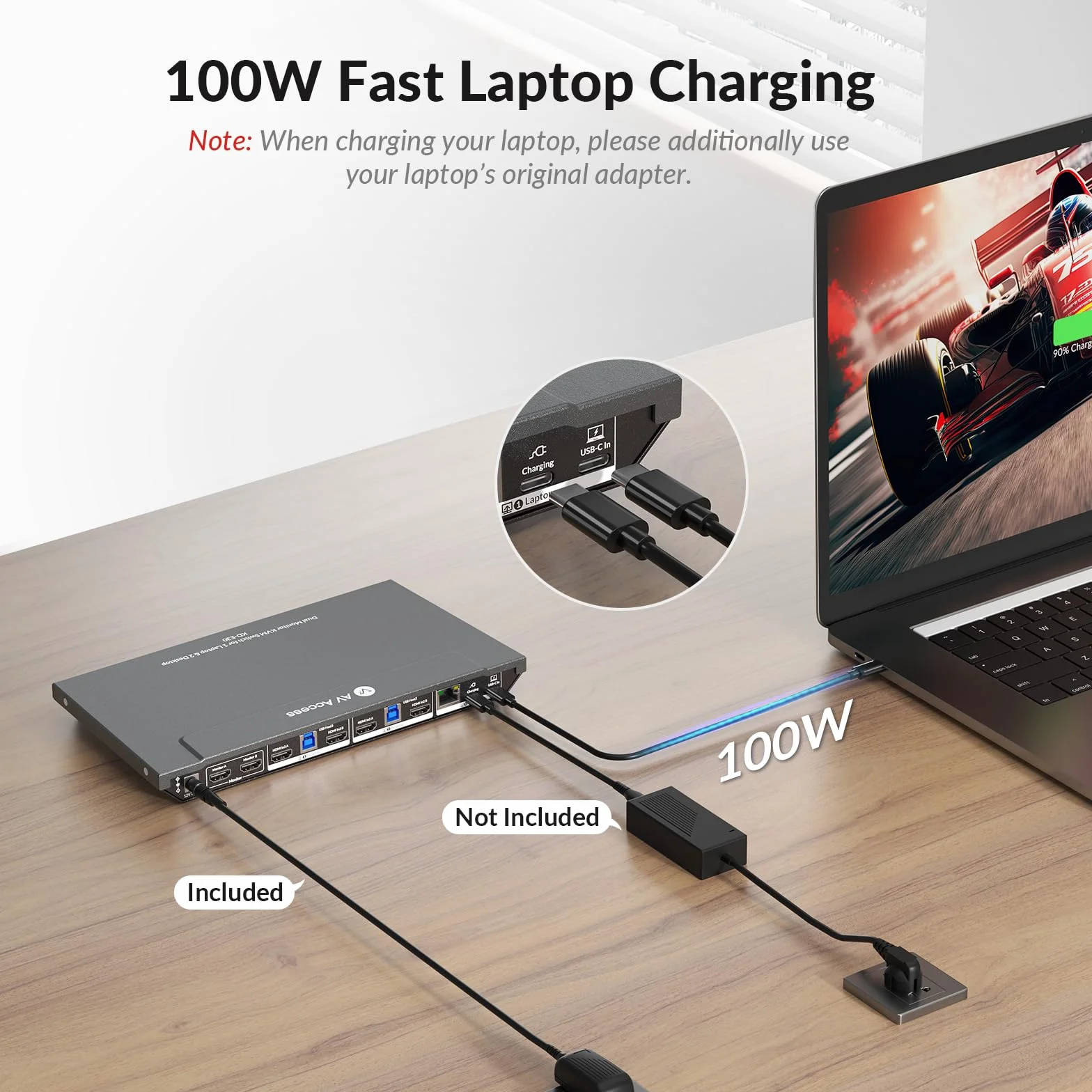 AV Access Docking Station KVM Switch 2 Monitors 3 Computers Dual 4K@60Hz 100W USB C Charging 1G Ethernet